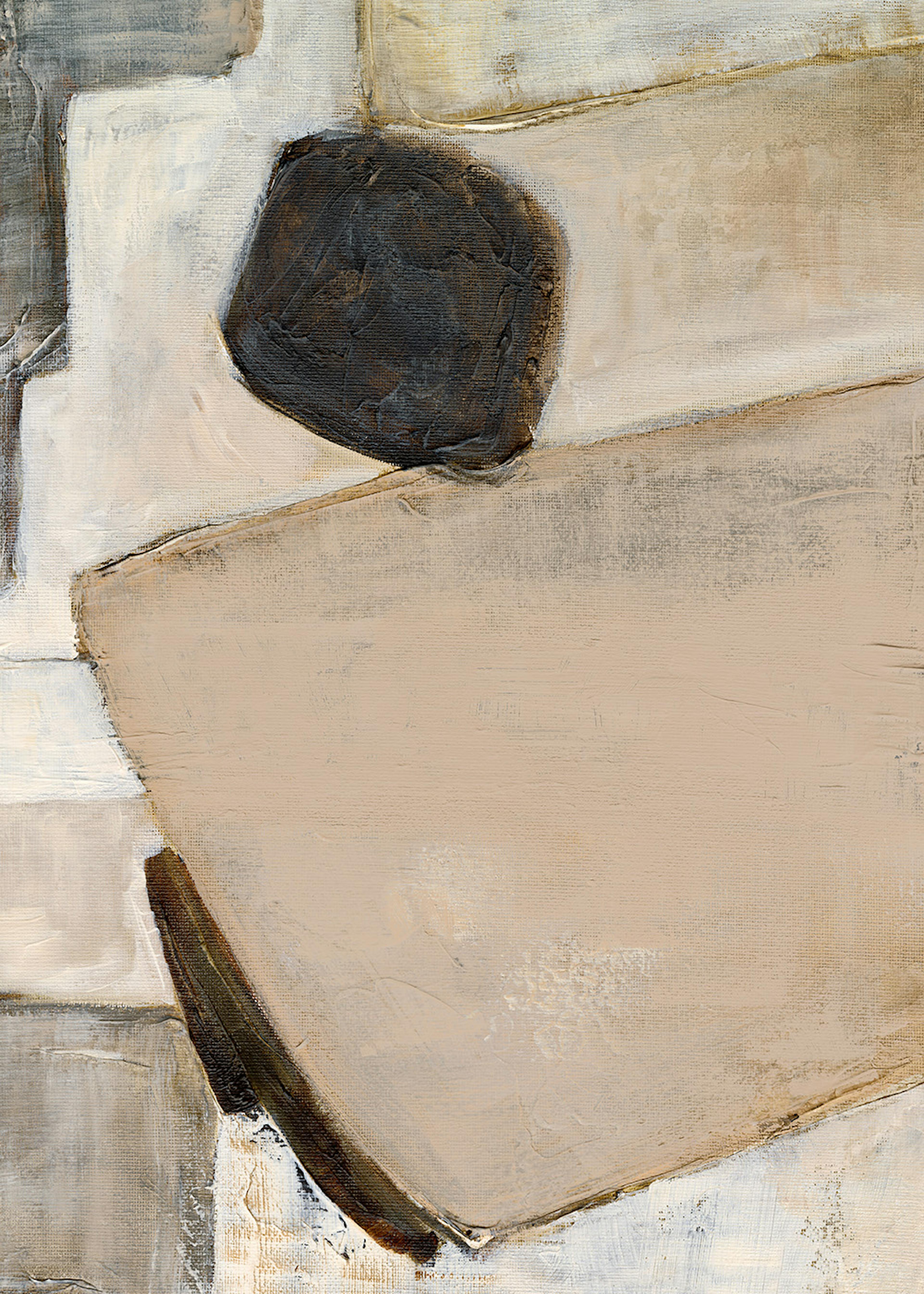 Póster abstracto con formas orgánicas en tonos blanco, beige, tierra y negro, con textura de pinceladas gruesas.