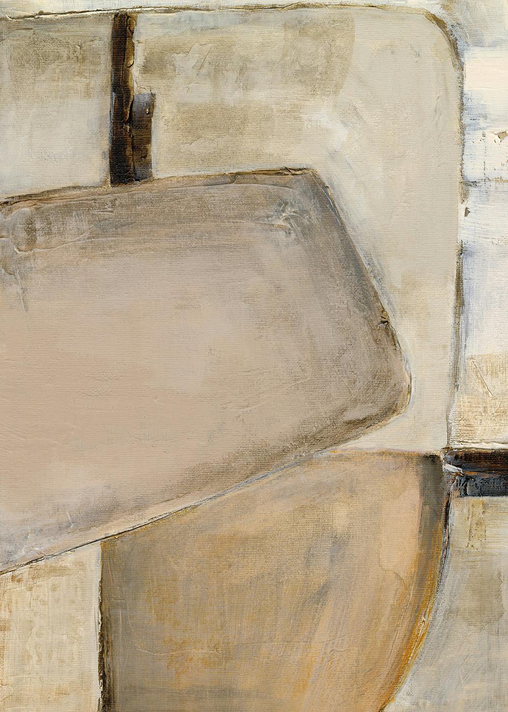 Póster abstracto con formas orgánicas en tonos beige, crema y marrón, y líneas oscuras.