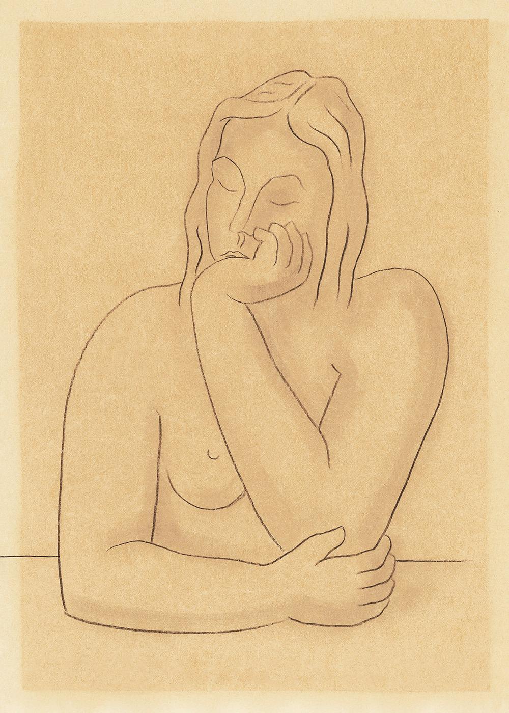 Poster con disegno minimale di donna a mezzobusto che poggia il mento sulla mano, su sfondo color carta da pacchi.