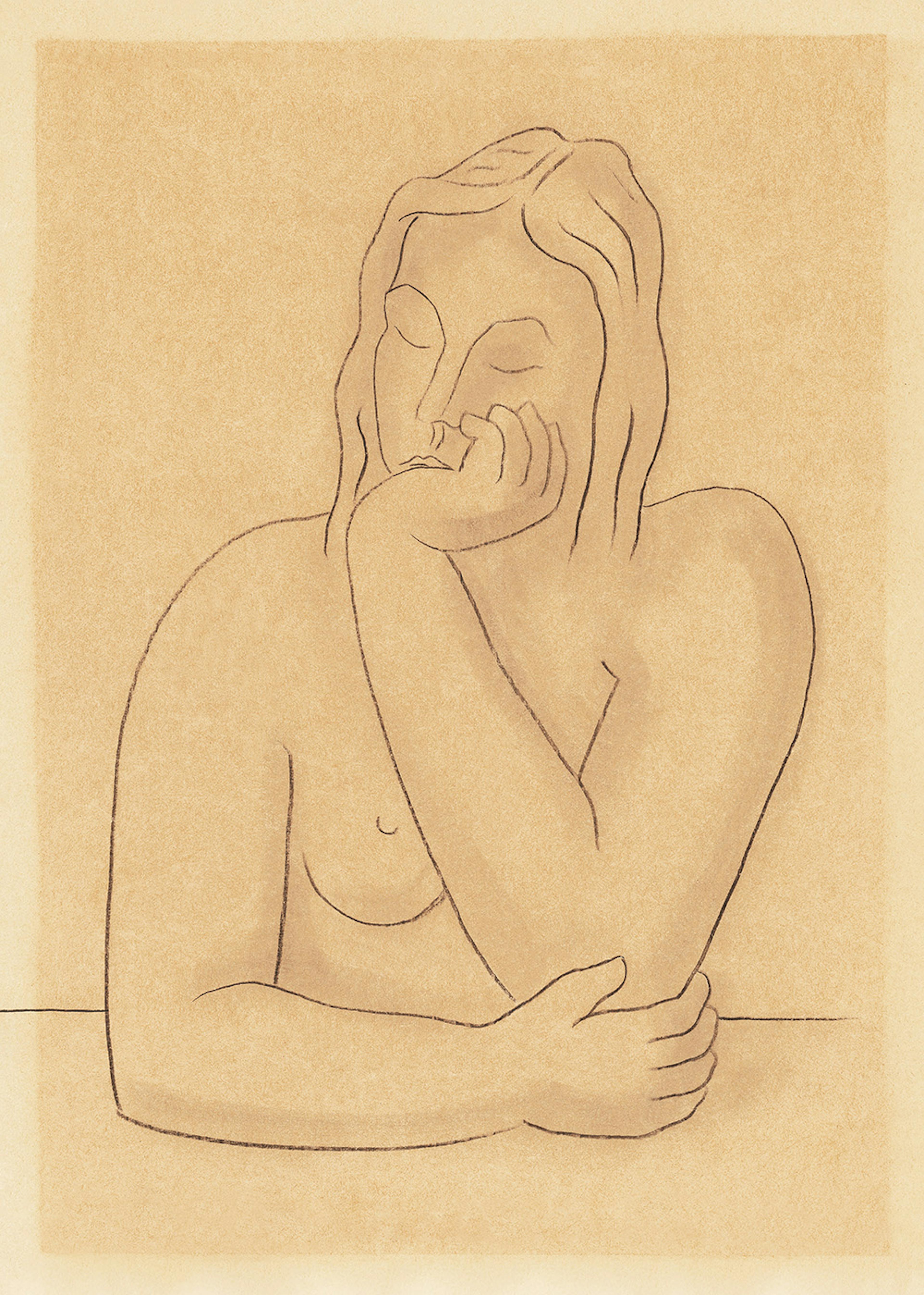 Póster de una mujer de arte lineal simple con los ojos cerrados, apoyando la barbilla en su mano, sobre un fondo tostado.