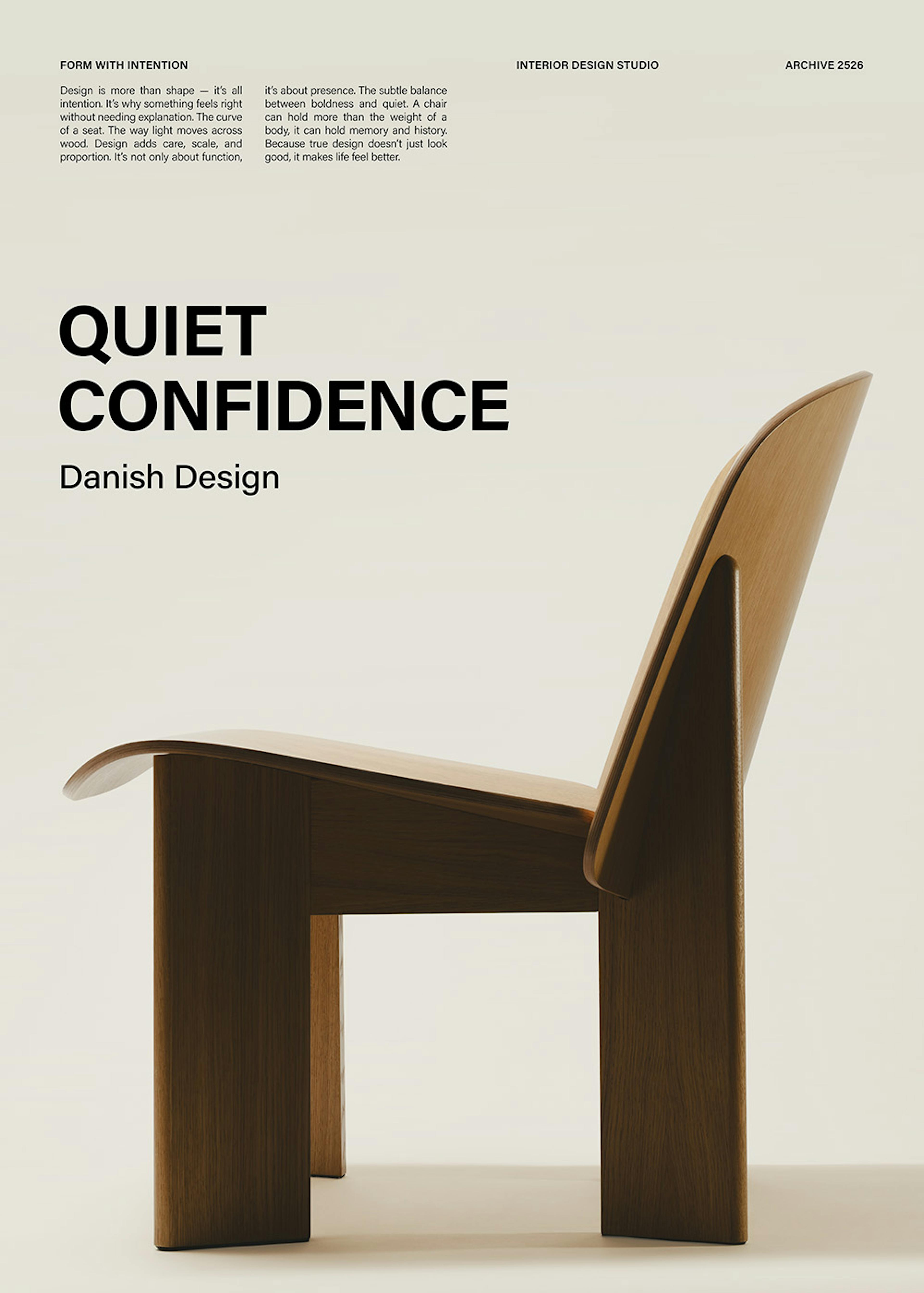 Póster de un diseño de silla danesa en madera marrón y beige de perfil, con texto Quiet Confidence y Danish Design.