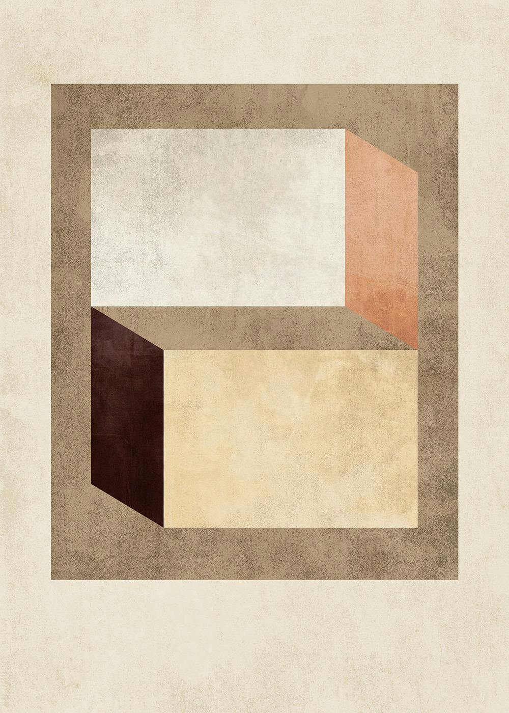 A minimalist print featuring two stacked 3D rectangular shapes in beige and brown with textured finishes.