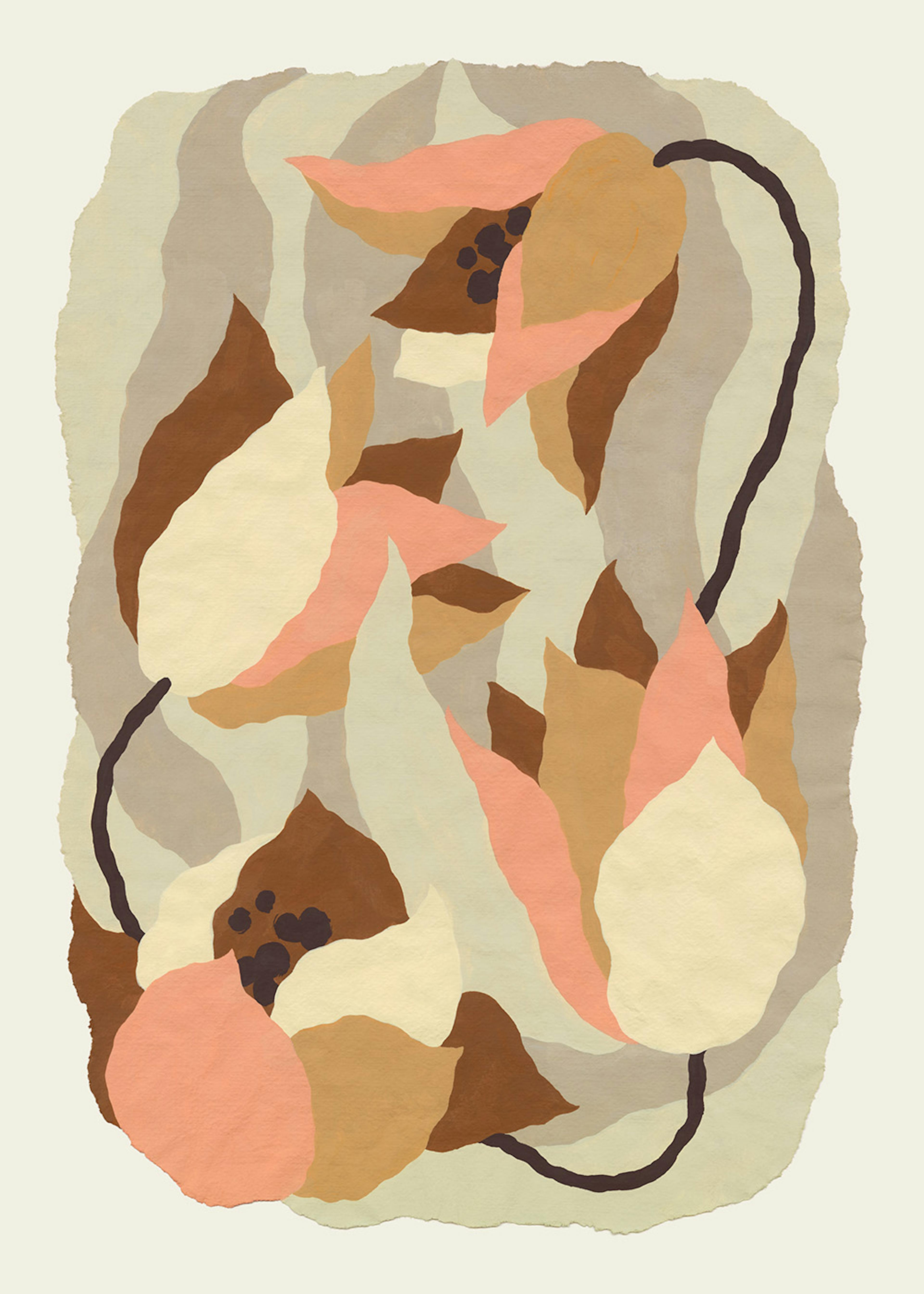Póster de arte moderno con formas orgánicas y florales en tonos neutros de marrón, crema y coral.