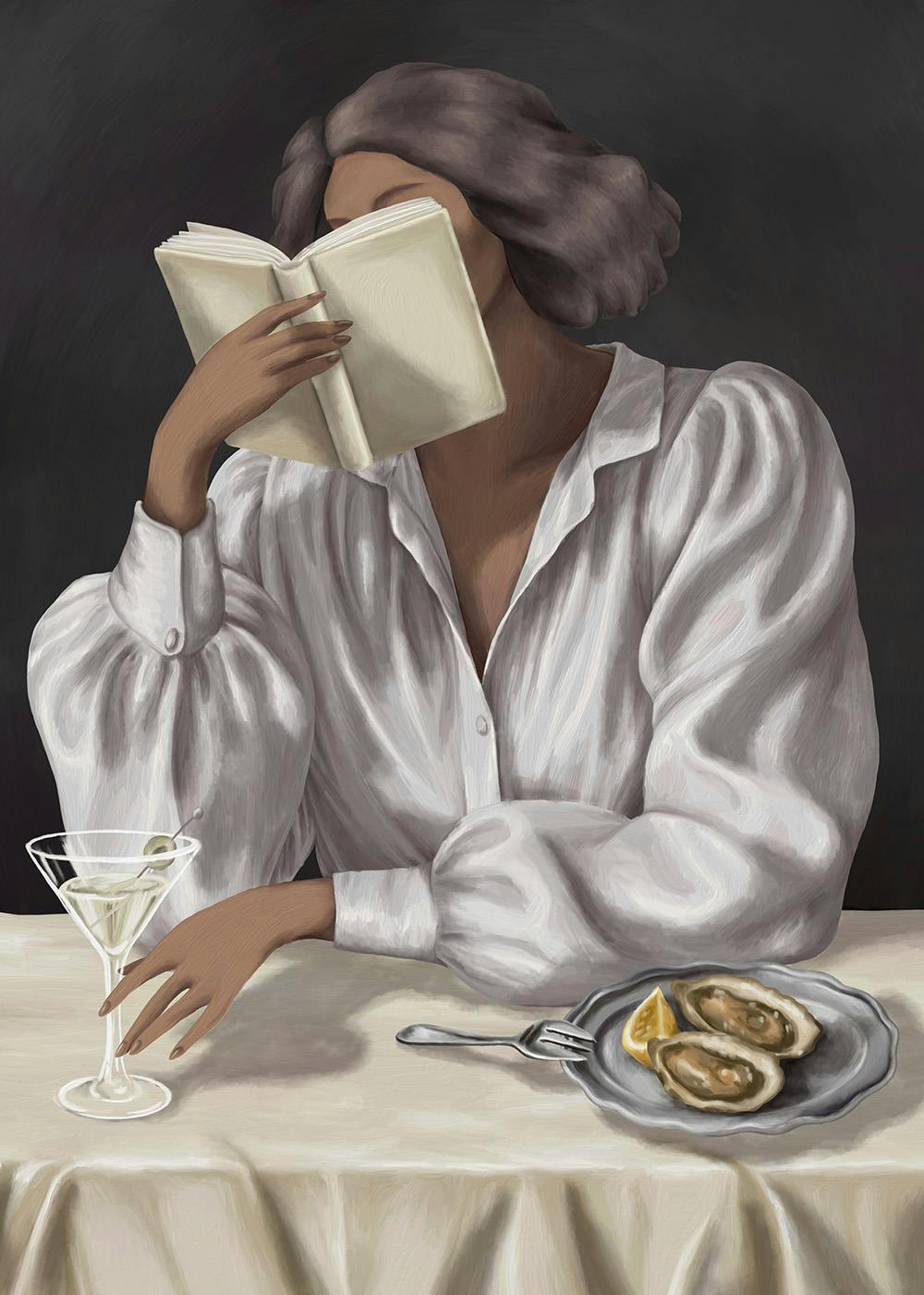 A print of a woman reading a book, with a martini and oysters on a table beside her.