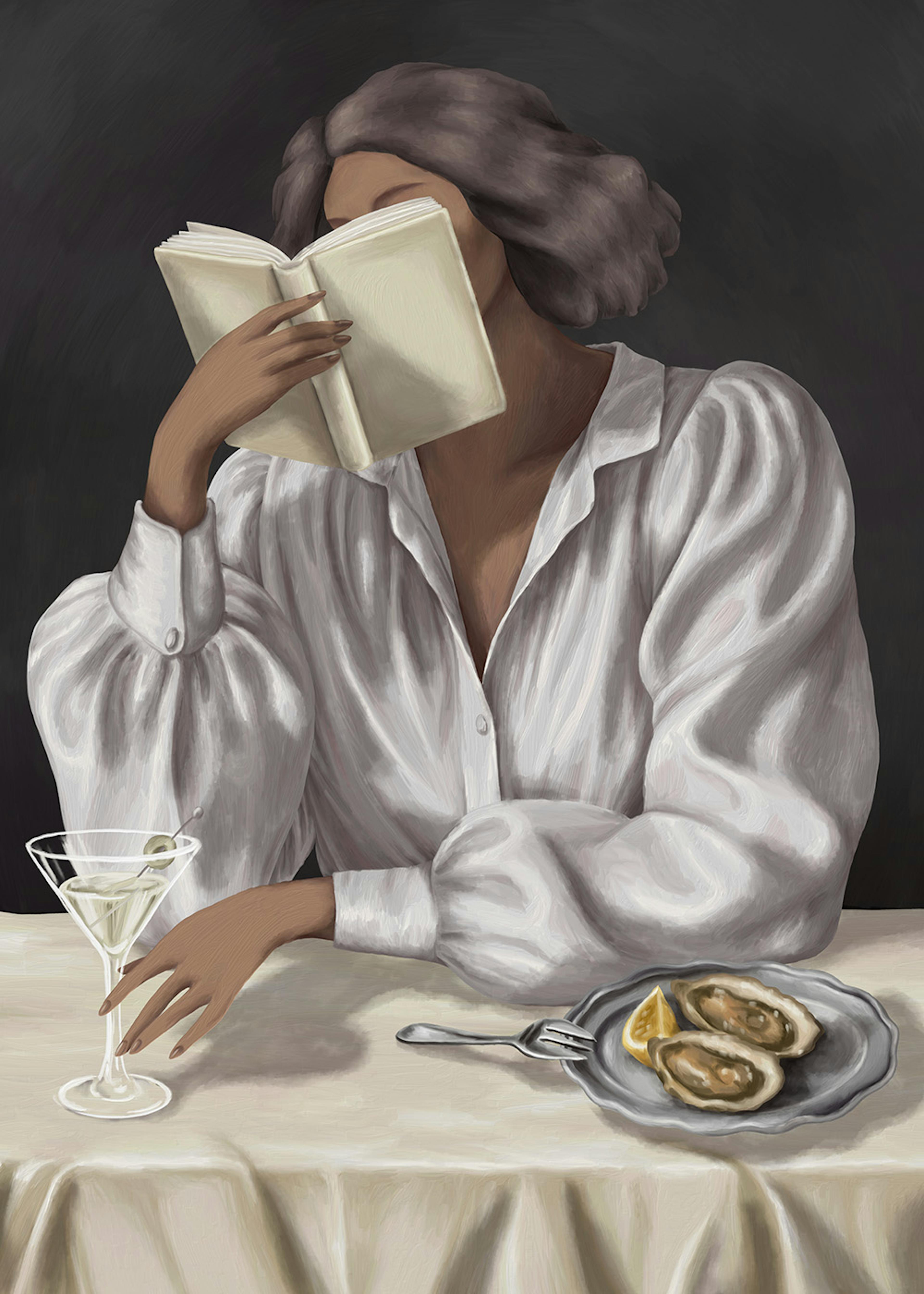 Póster de una mujer leyendo un libro, con un martini y ostras en la mesa.