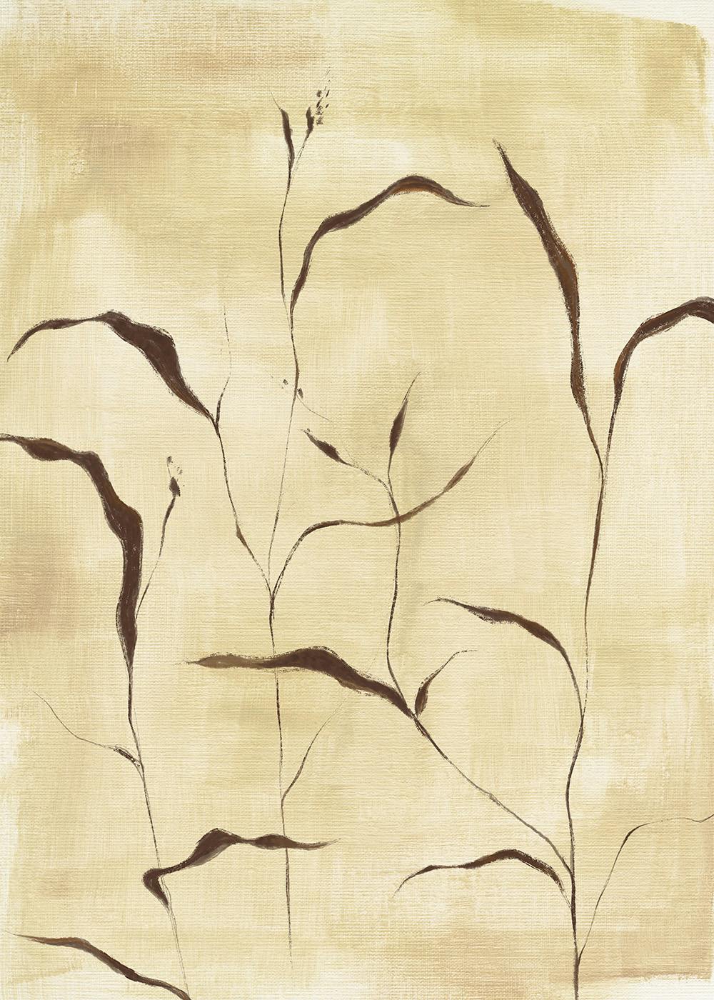 Póster de arte botánico con siluetas de plantas marrones y beige sobre un fondo crema y tonos tierra.