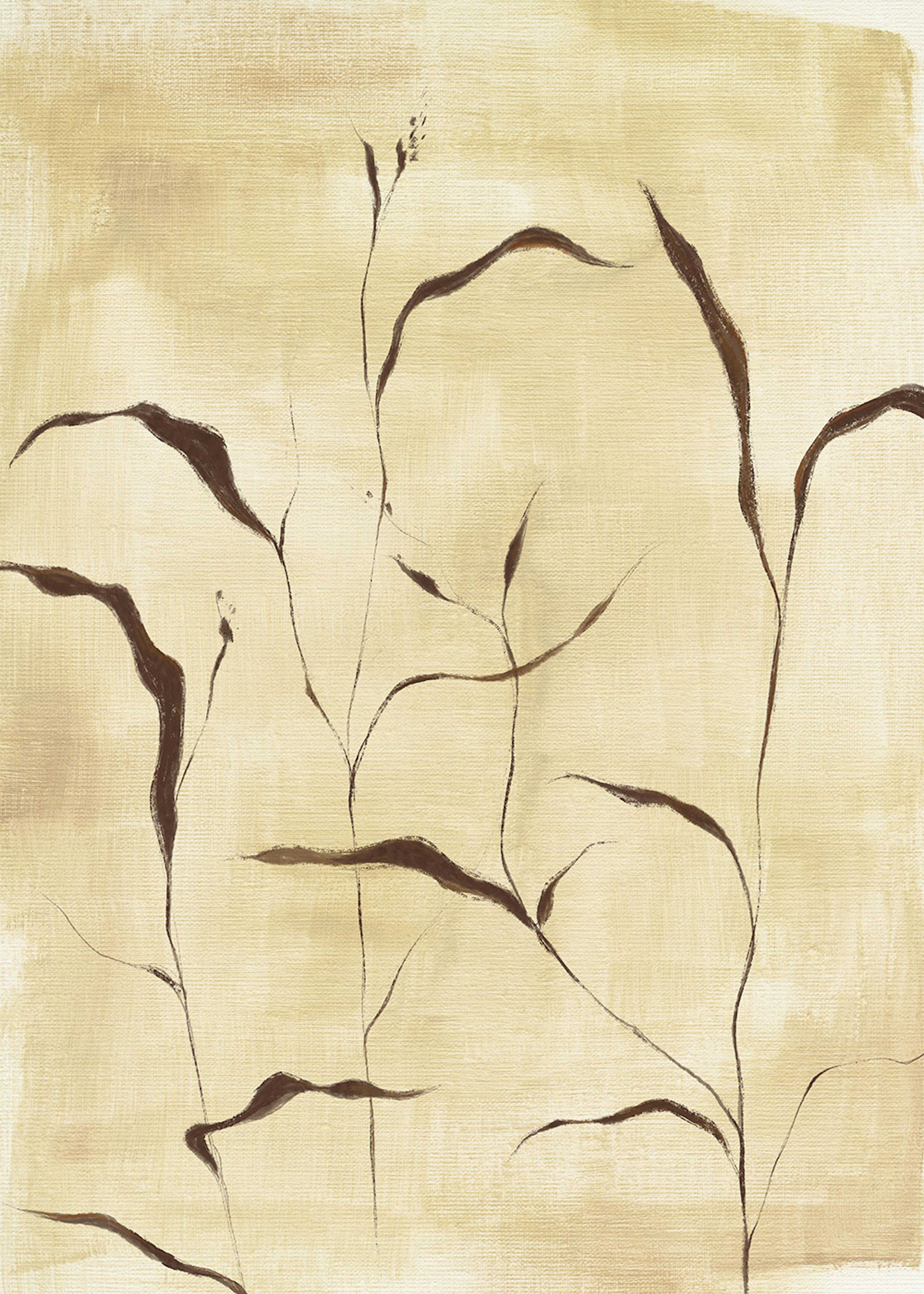 Póster de arte botánico con siluetas de plantas marrones y beige sobre un fondo crema y tonos tierra.