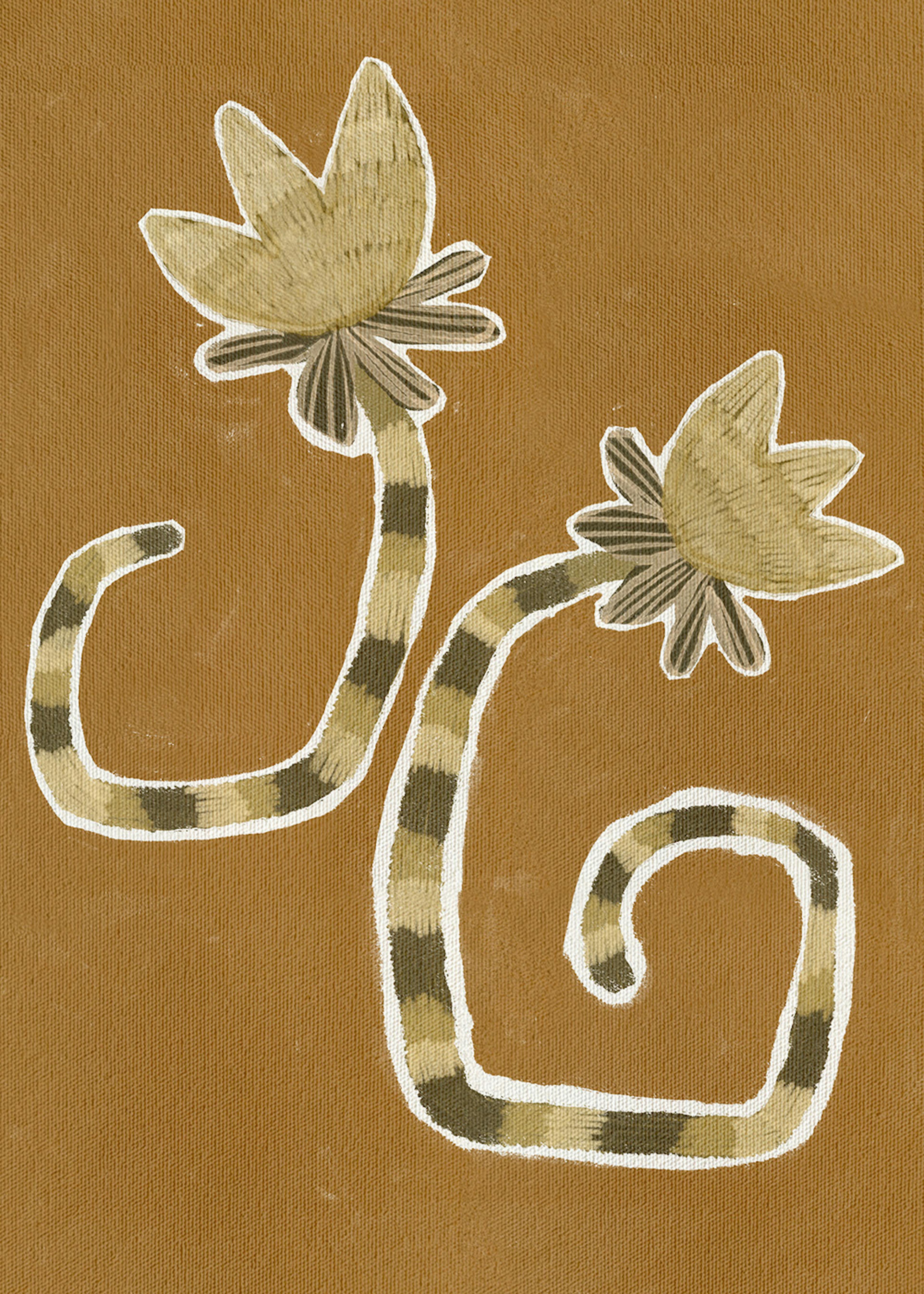 Póster de dos plantas abstractas con hojas de color caqui y tallos a rayas marrones sobre un fondo ocre.
