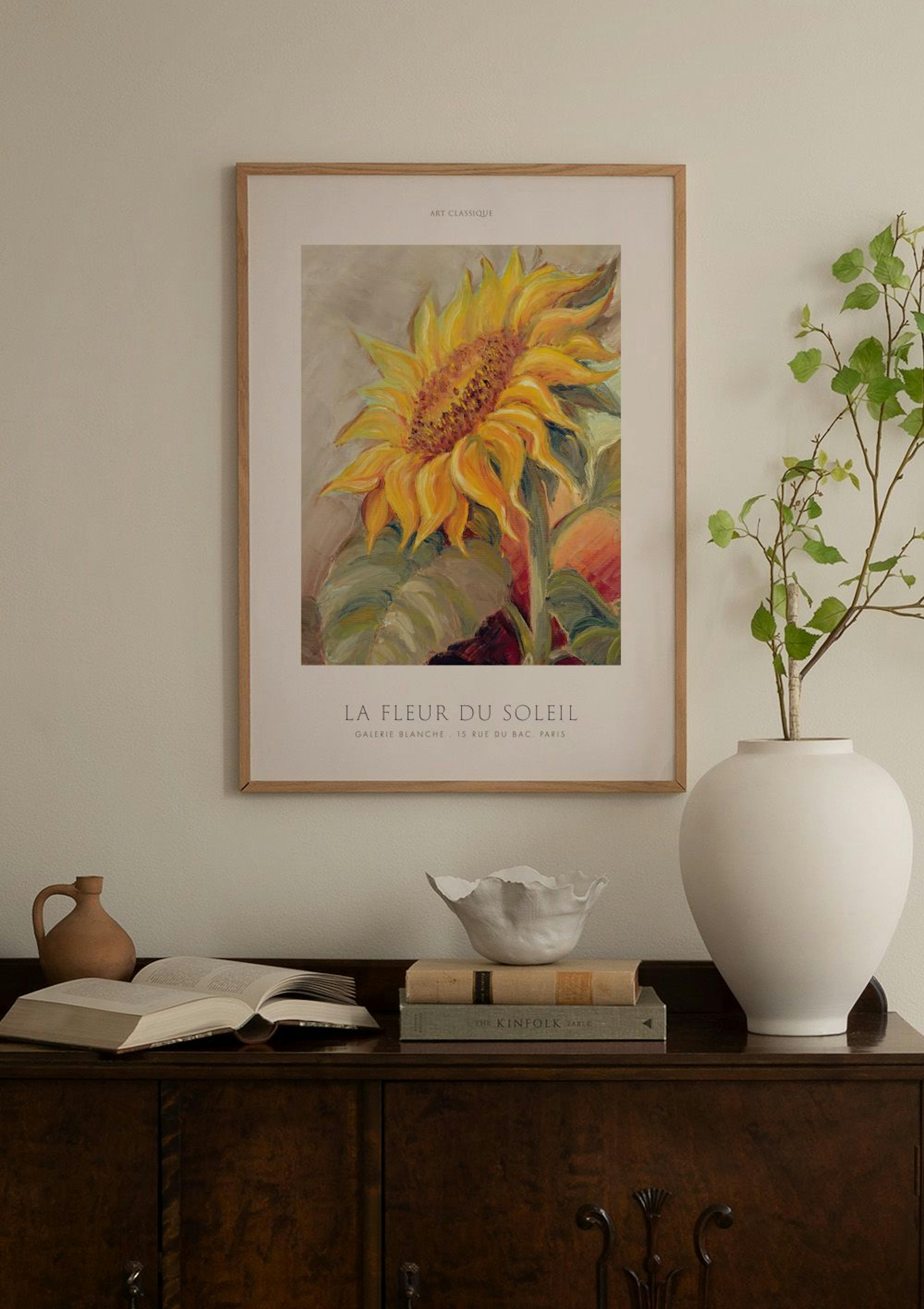 Affiche La Fleur du Soleil avec un tournesol jaune vif, exposée au-dessus dun meuble blanc avec des vases décoratifs.