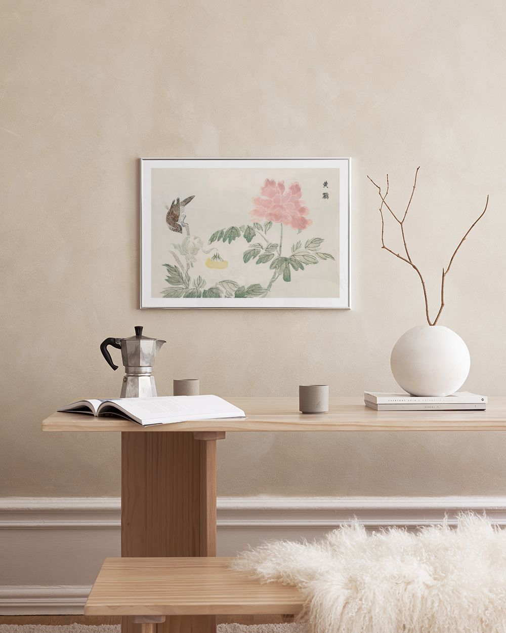Chinese Peony Poster - Pink peony on beige - desenio.com