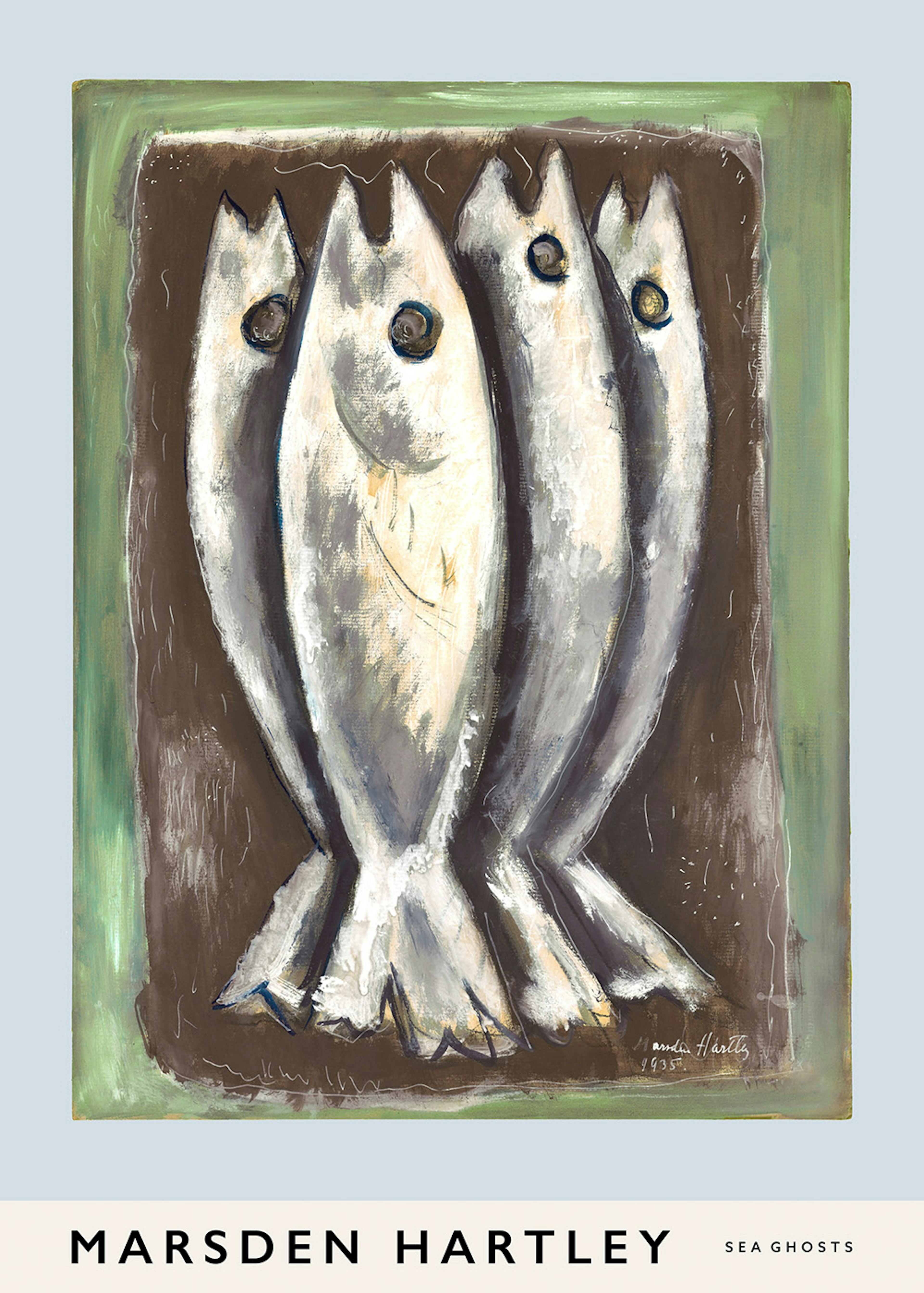 Póster de pintura abstracta de cuatro peces blancos con ojos oscuros, sobre un fondo marrón y borde verde.