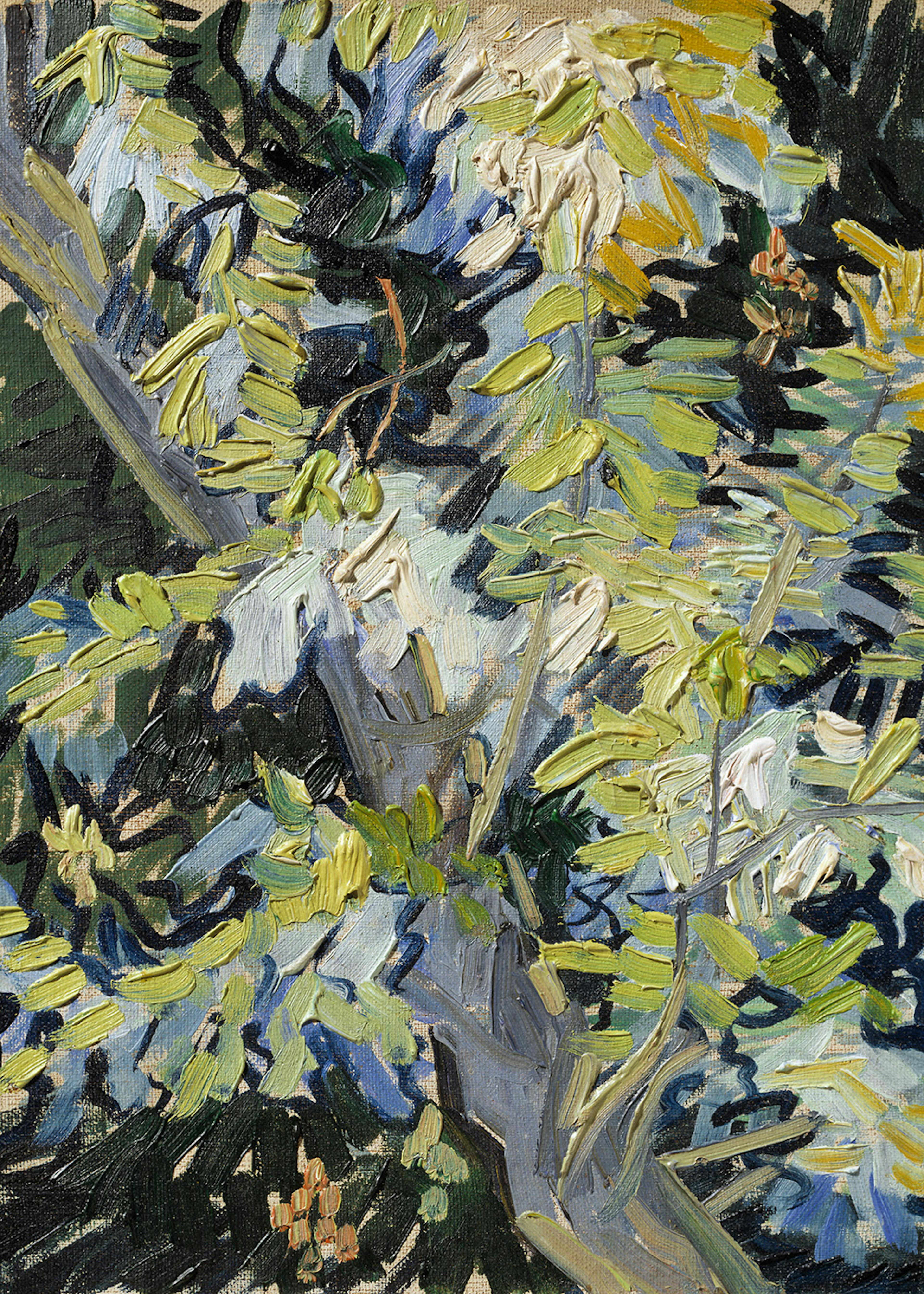 An impasto print showcasing a vibrant impressionistic forest with light green, blue, and dark green leaves and trees.