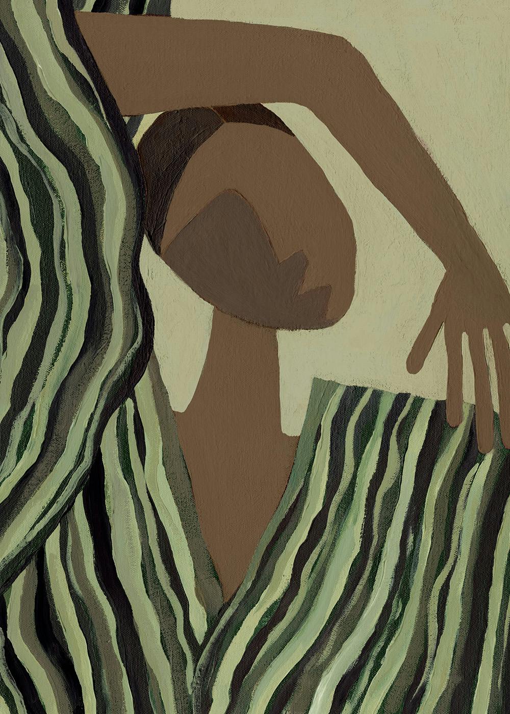 Póster de arte abstracto con formas orgánicas marrones y verdes que simulan el cuerpo de una persona.