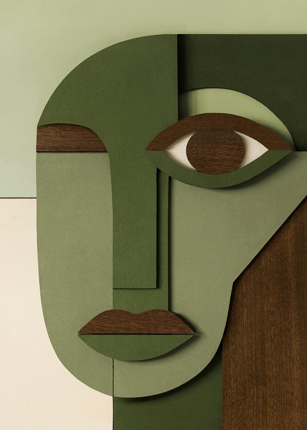 Póster de rostro abstracto con formas geométricas en tonos verdes, beige y madera oscura.