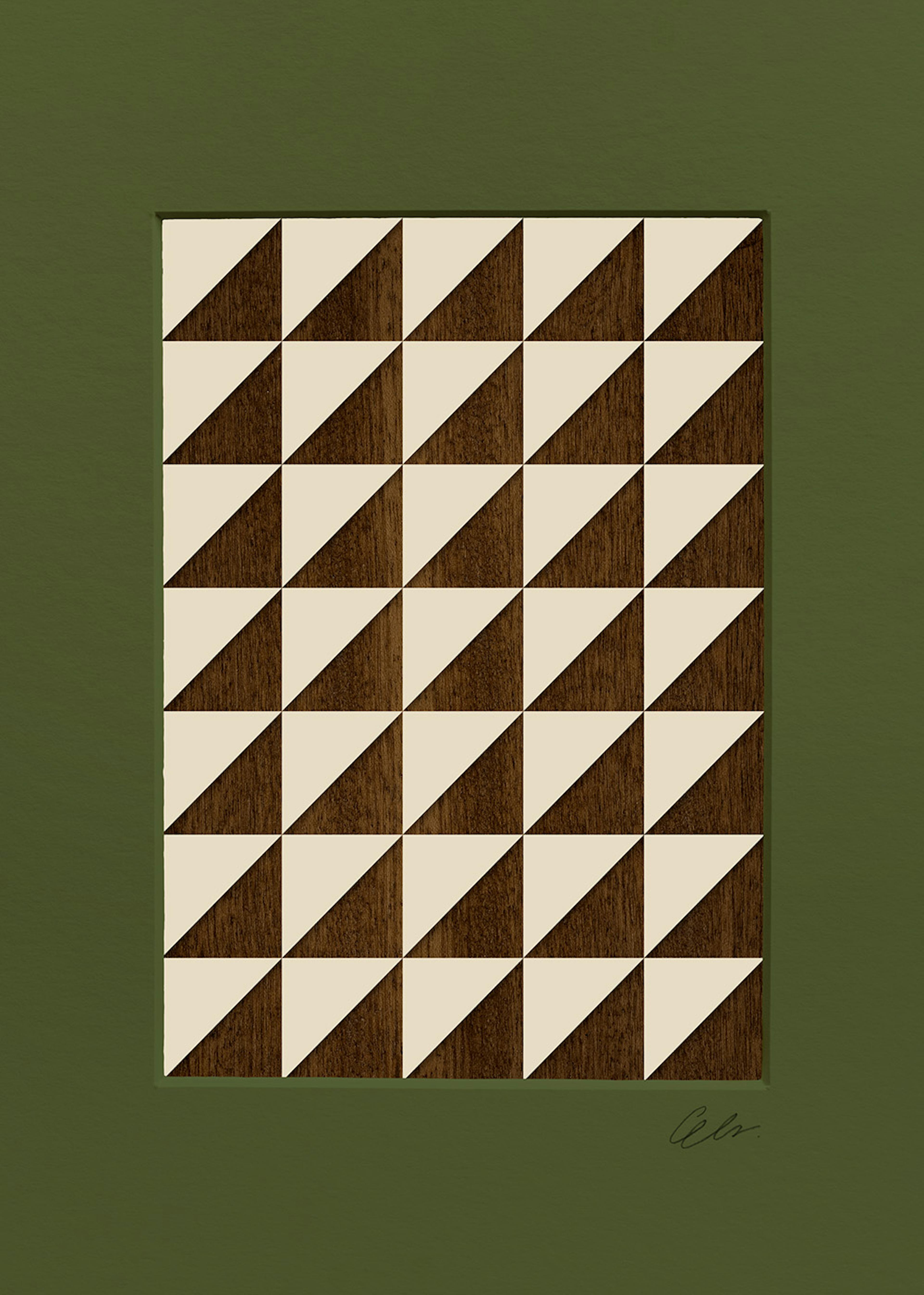 Un poster con un pattern geometrico di triangoli beige e marroni su sfondo verde scuro.