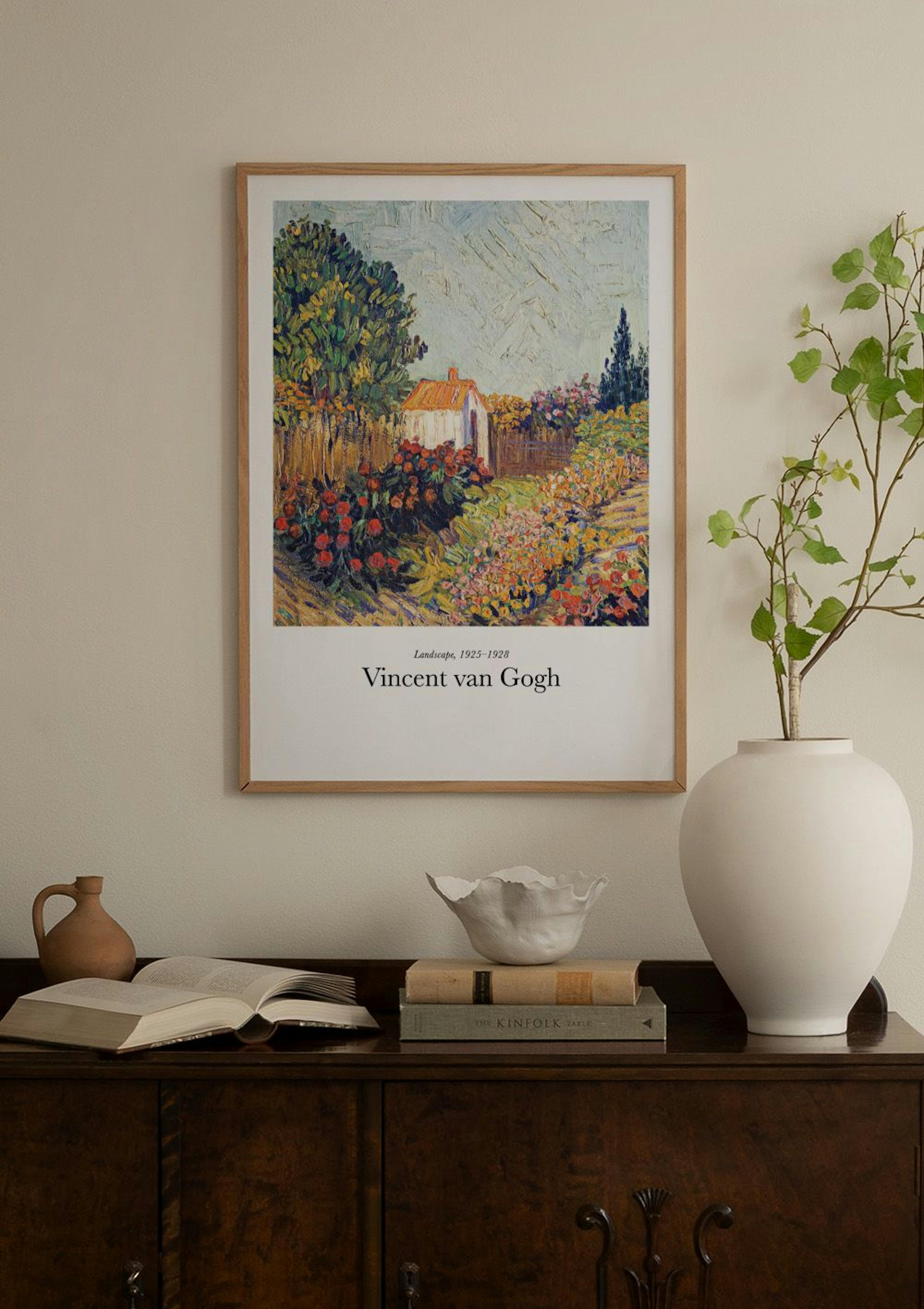 Van Goghs The Garden of the Asylum print, with a small house and colorful flowers, displayed on a concrete bench with decorative