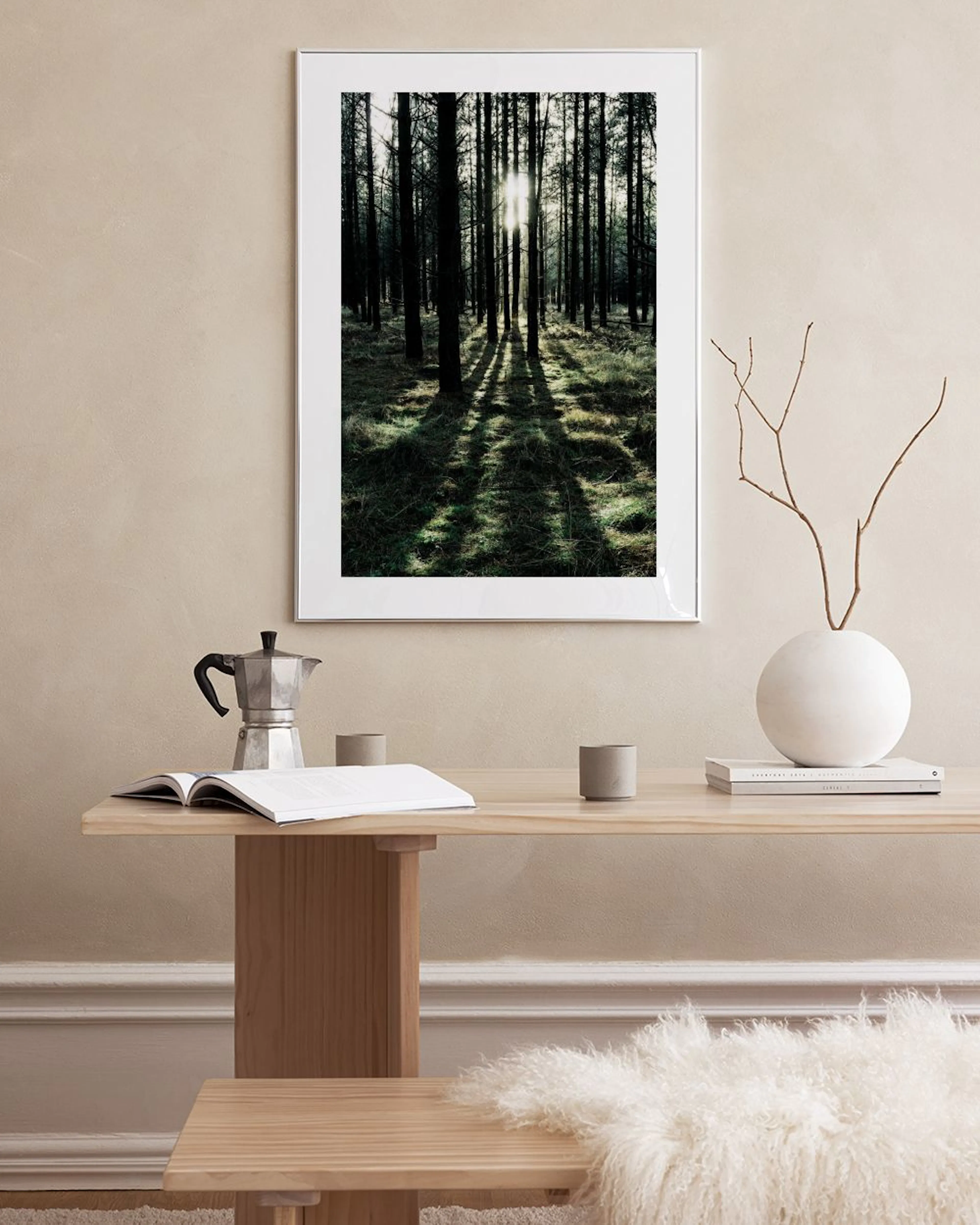 A print of a forest with sunlight streaming through the trees, casting long shadows, hanging in a light-coloured room with a gre