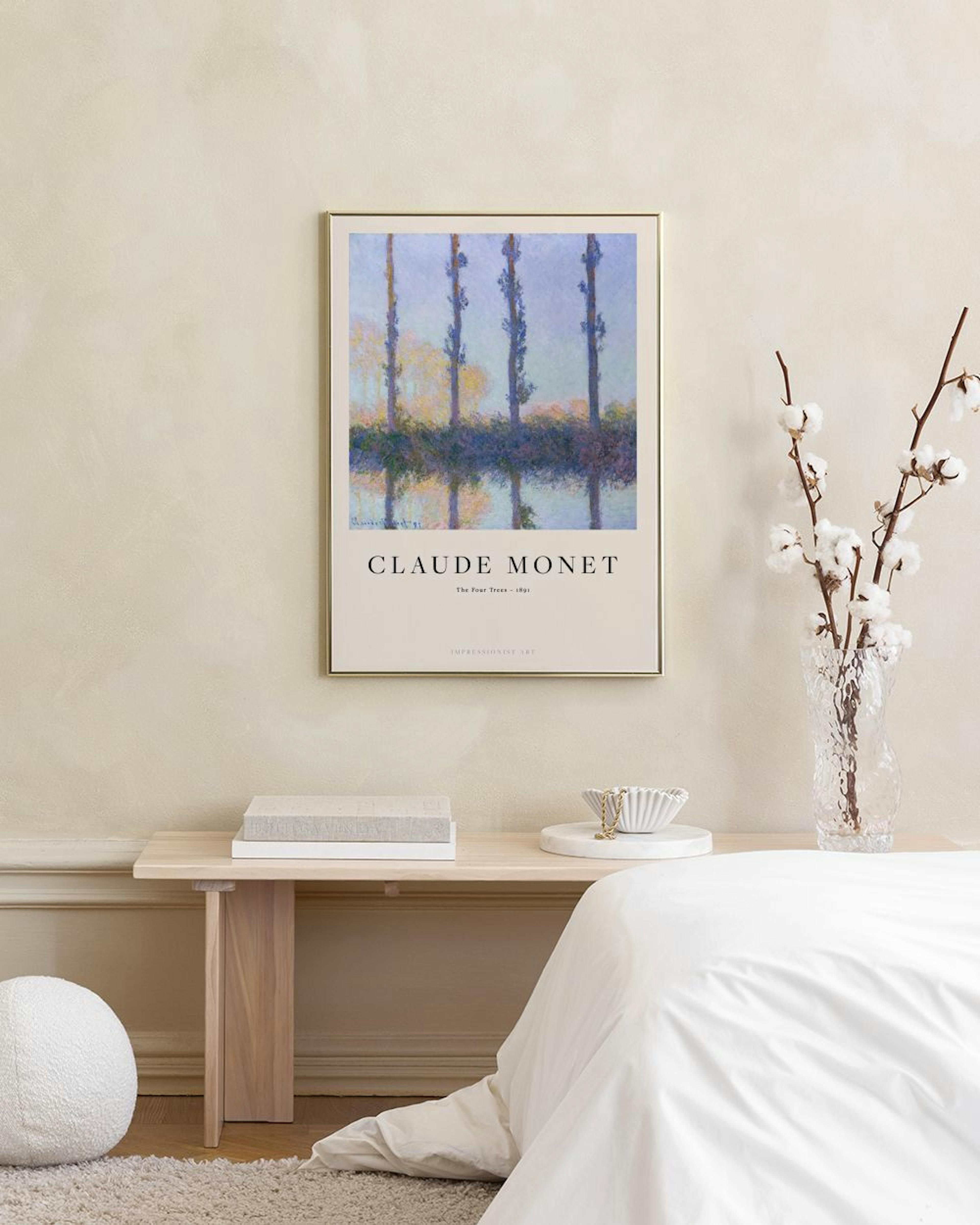 Claude Monet Poster mit Pappelbäumen und Spiegelung im Wasser, über einem blauen Hocker und Beistelltisch hängend.
