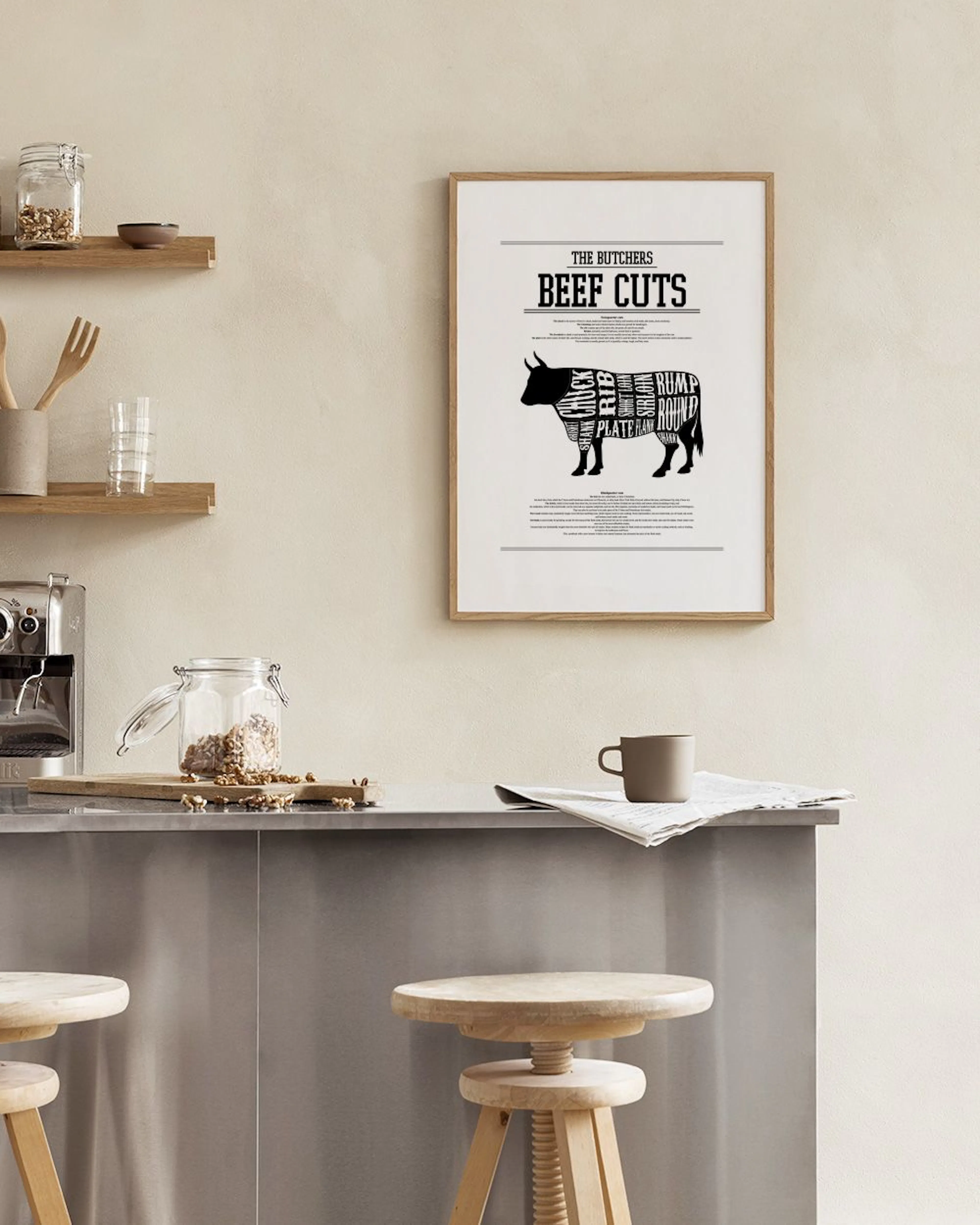 Poster met THE BUTCHERS BEEF CUTS en een zwarte koe met vleesbenamingen, staand tegen een marmeren muur.
