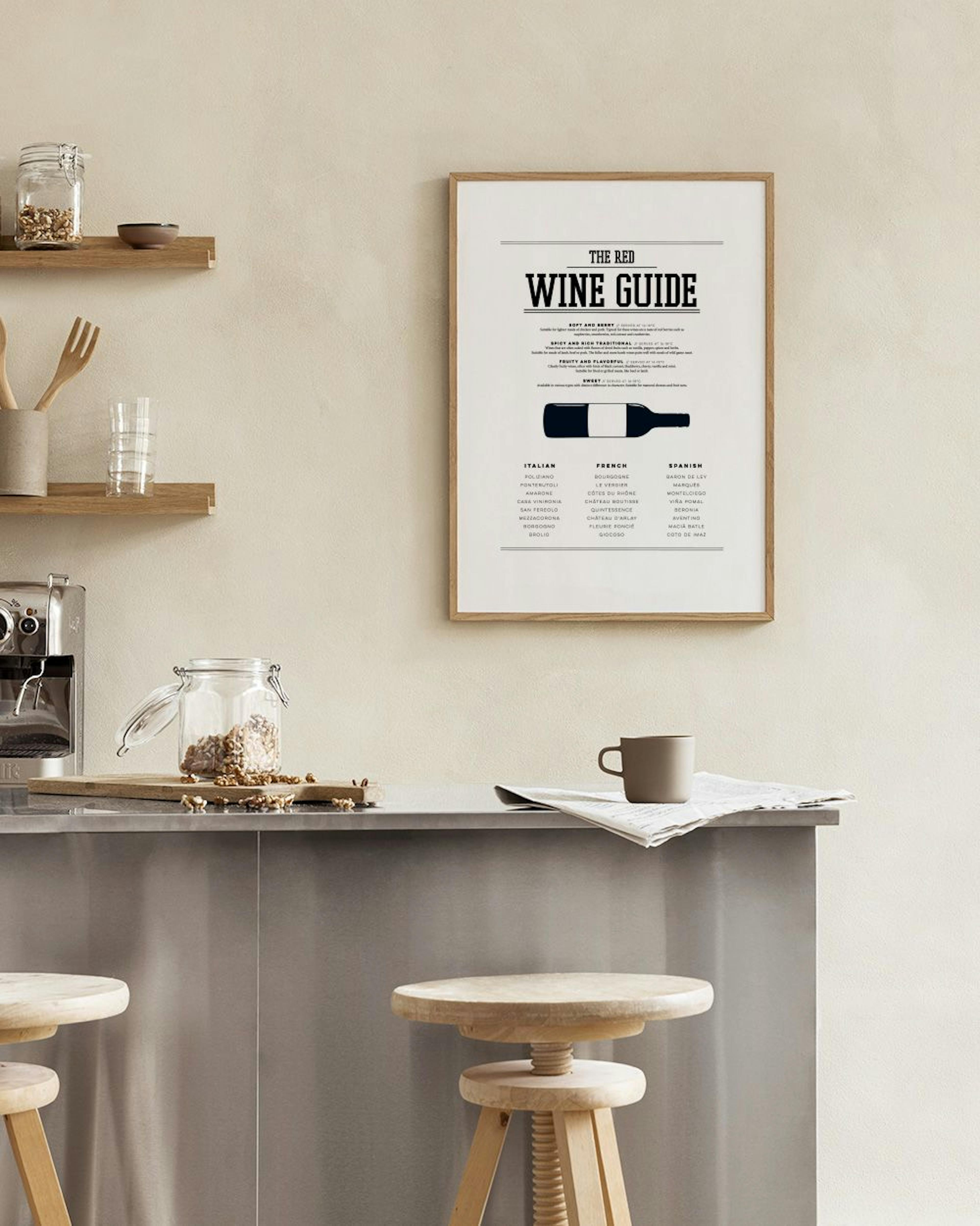 A Red Wine Guide print with a wine bottle illustration, hanging above a white tablecloth with a plant, fruit, bowls, and an open