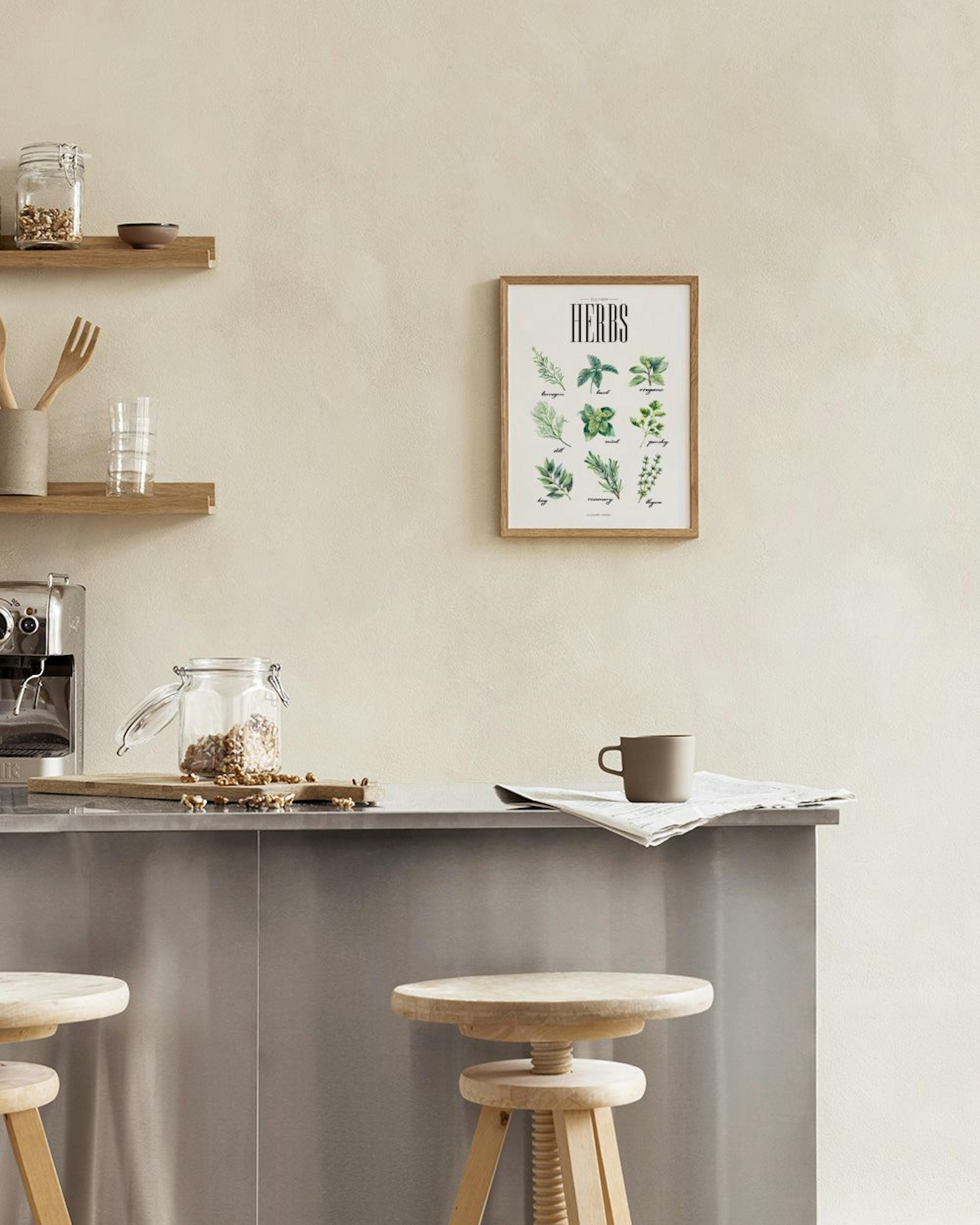 A print of various culinary herbs with names, displayed on a kitchen counter with marble backsplash, next to kitchen tools.