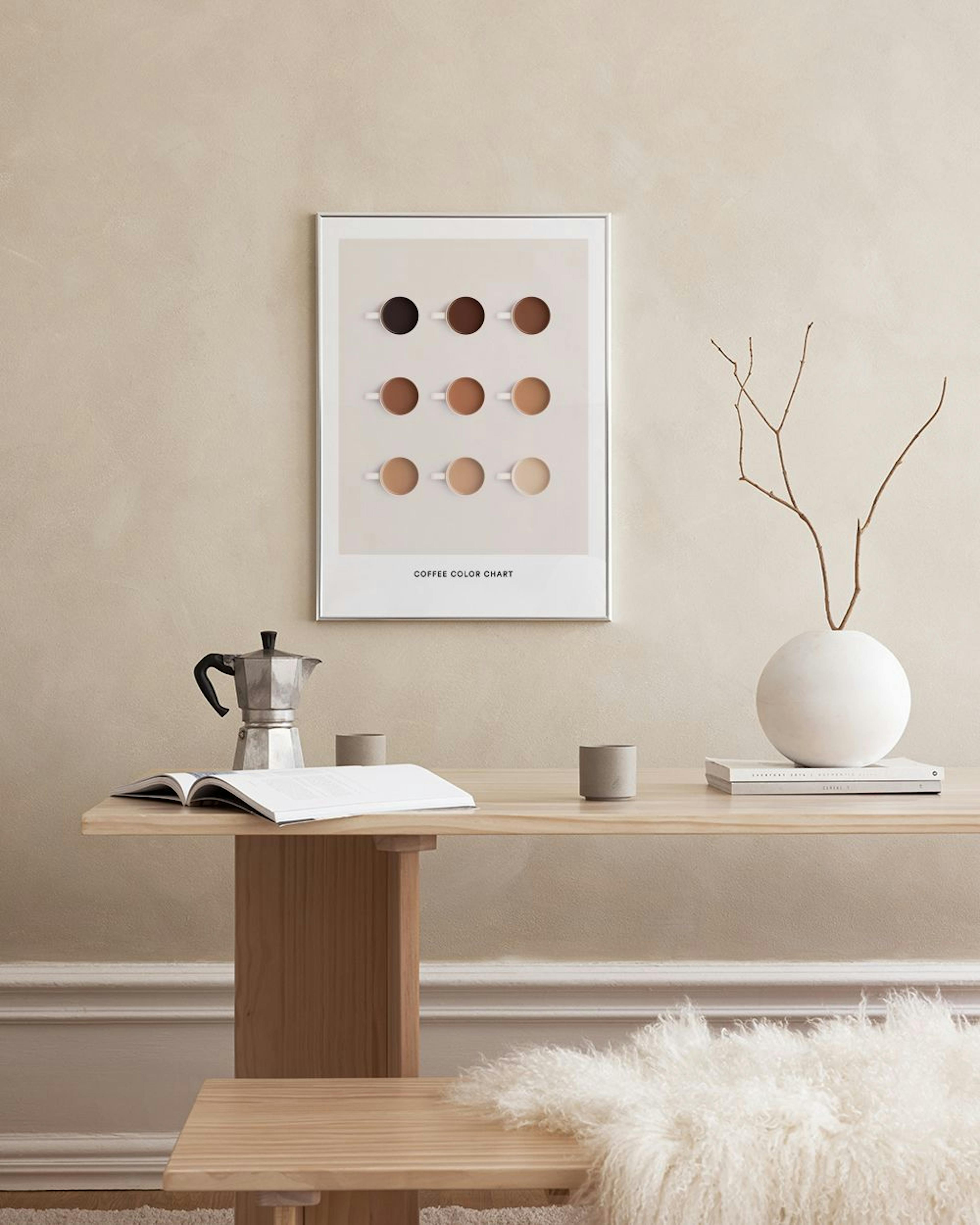 Póster de un gráfico de color de café con nueve tazas en degradado, colgado en una pared blanca sobre una mesa con un libro.