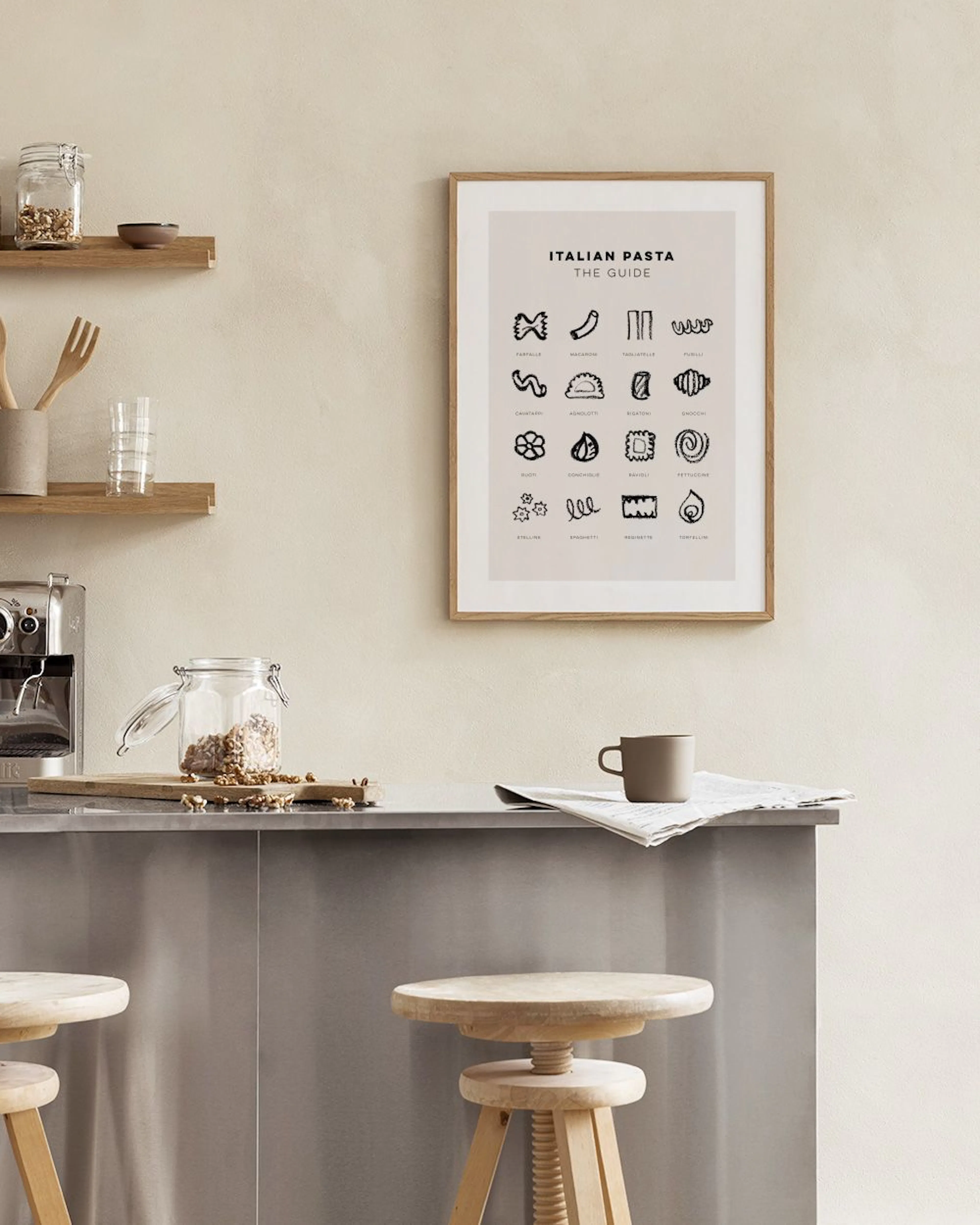 A print of Italian pasta shapes, with black line art on a light background, hanging in a kitchen above a white table with a book