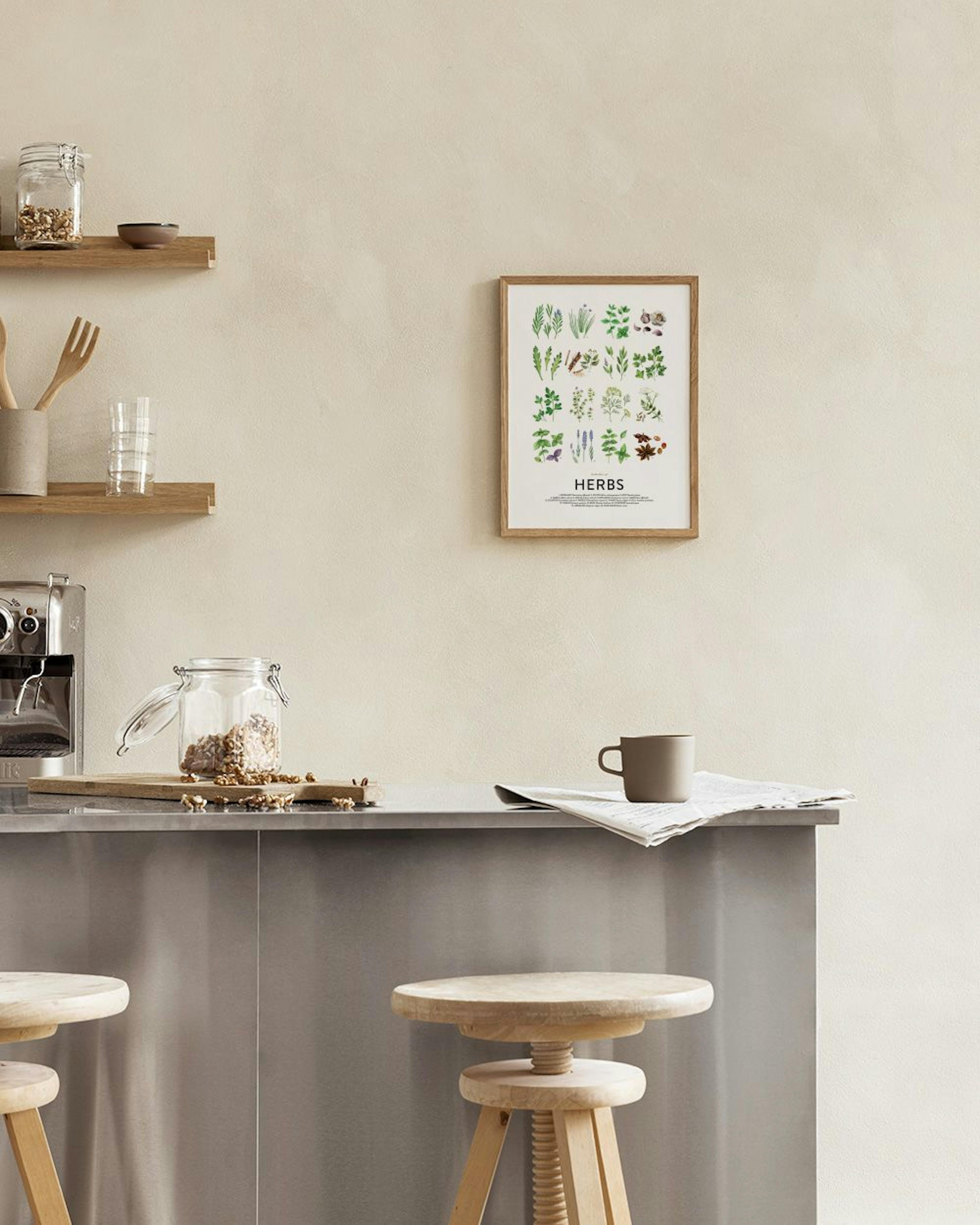 A print of assorted herbs and spices on a white background, hanging above a white table with a plant, lemons, and bowls.