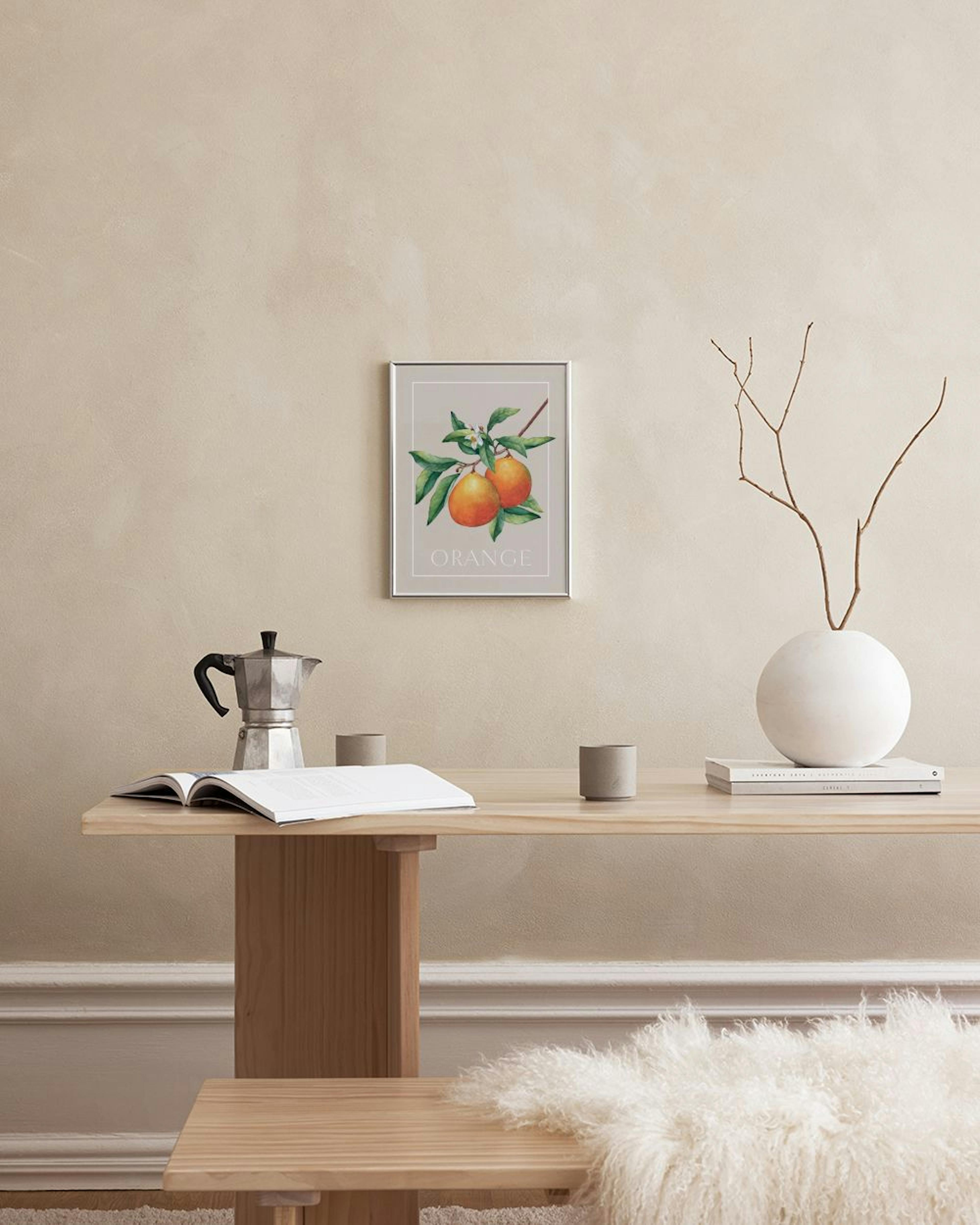 Botanische poster van twee sinaasappels aan een tak met bladeren en bloesem, hangend boven een eettafel.