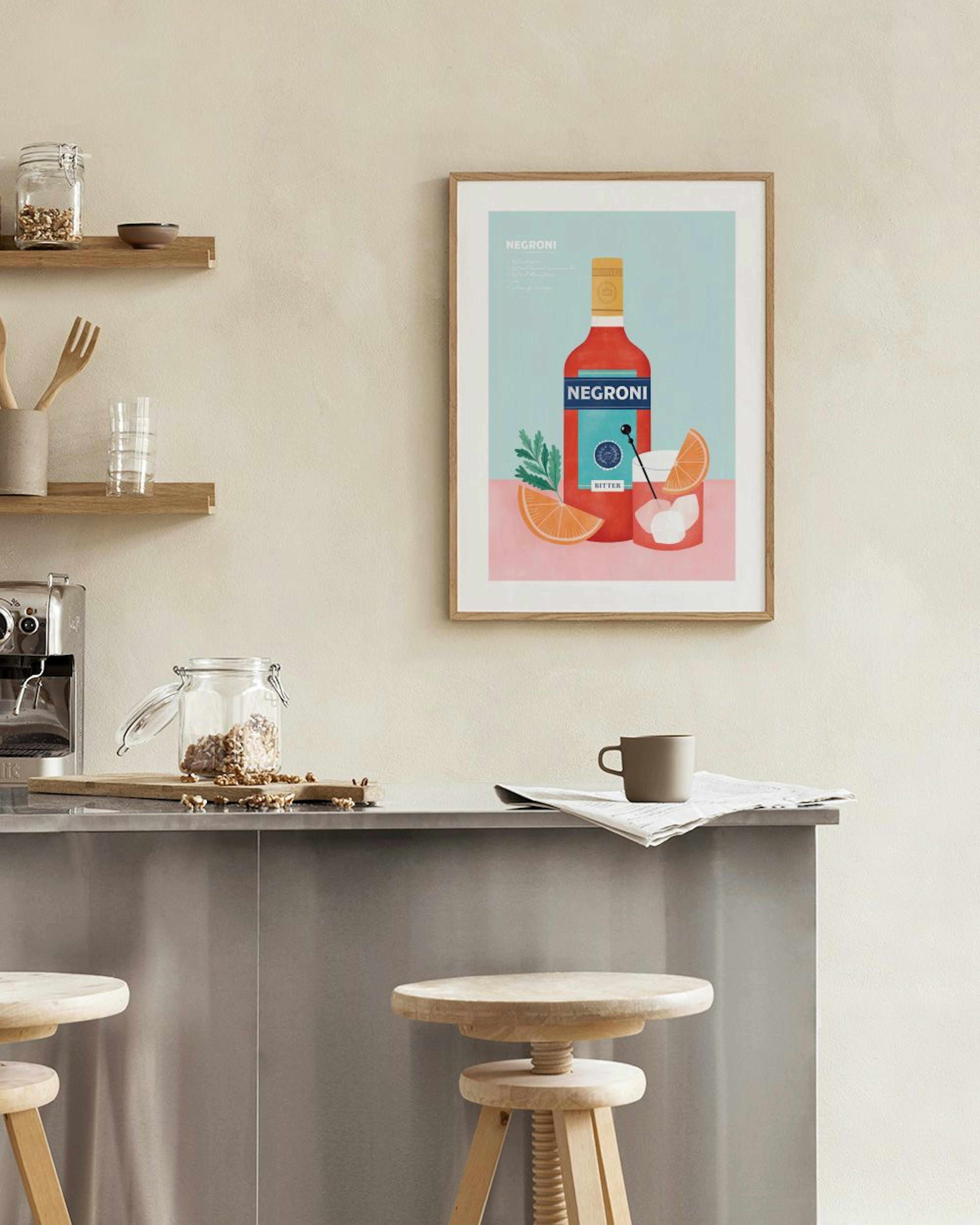Póster de una botella de Negroni con rodajas de naranja y un vaso en una mesa blanca con jarrones.
