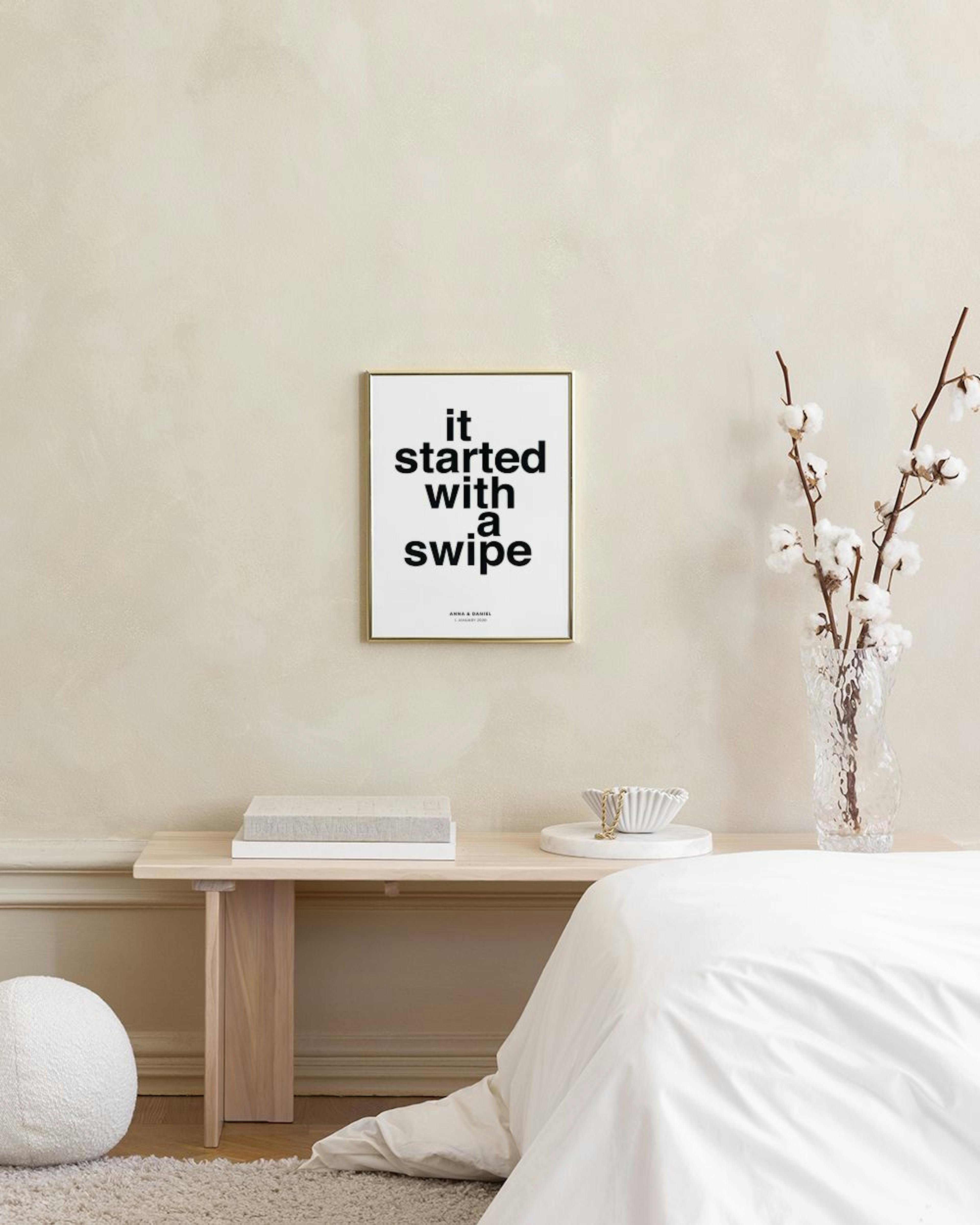 A personalised print with it started with a swipe in black text, hanging above a teal ottoman and a white lamp on a grey table.