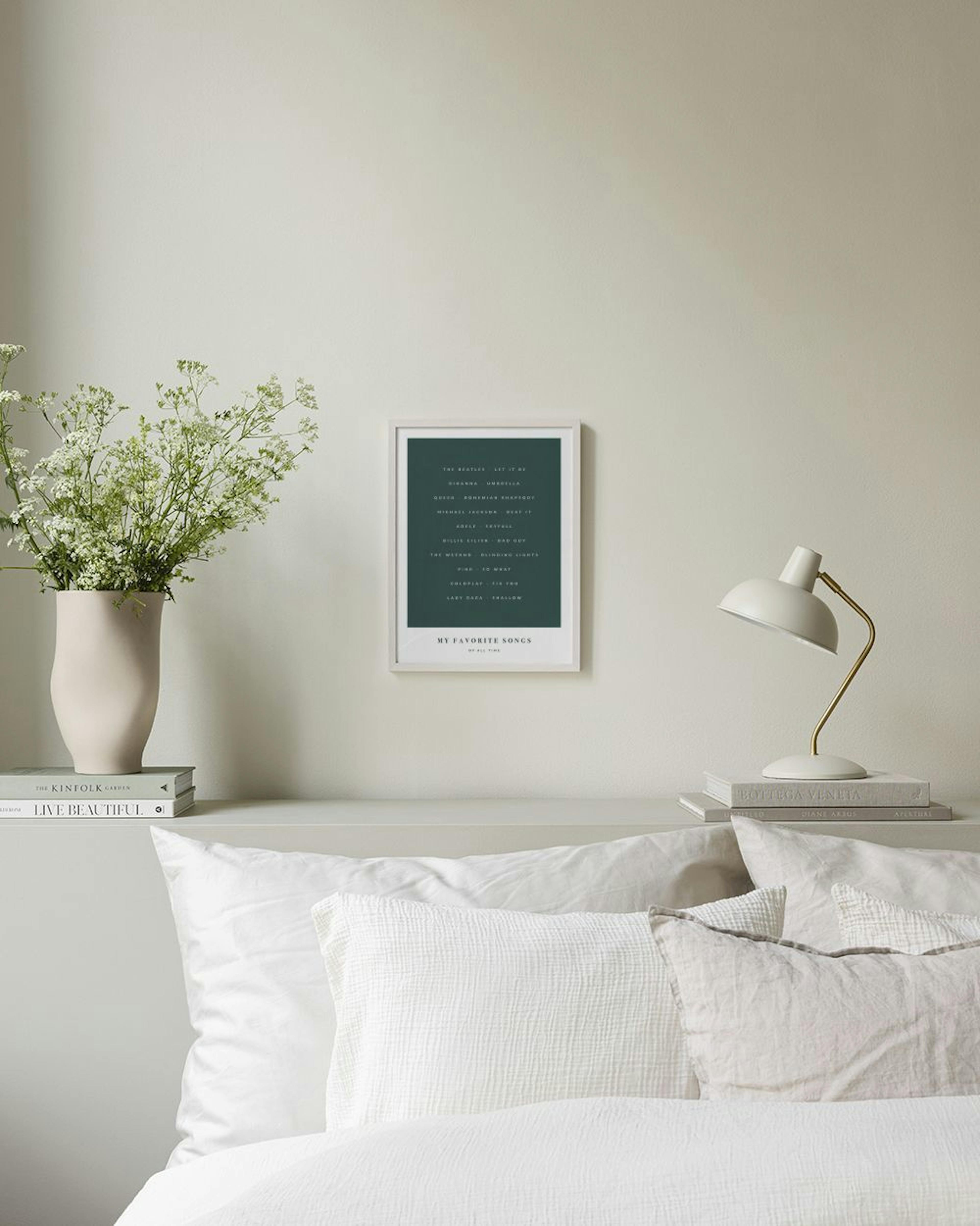 A personalized print of favorite songs on a dark green background, hanging above a light wood console table.
