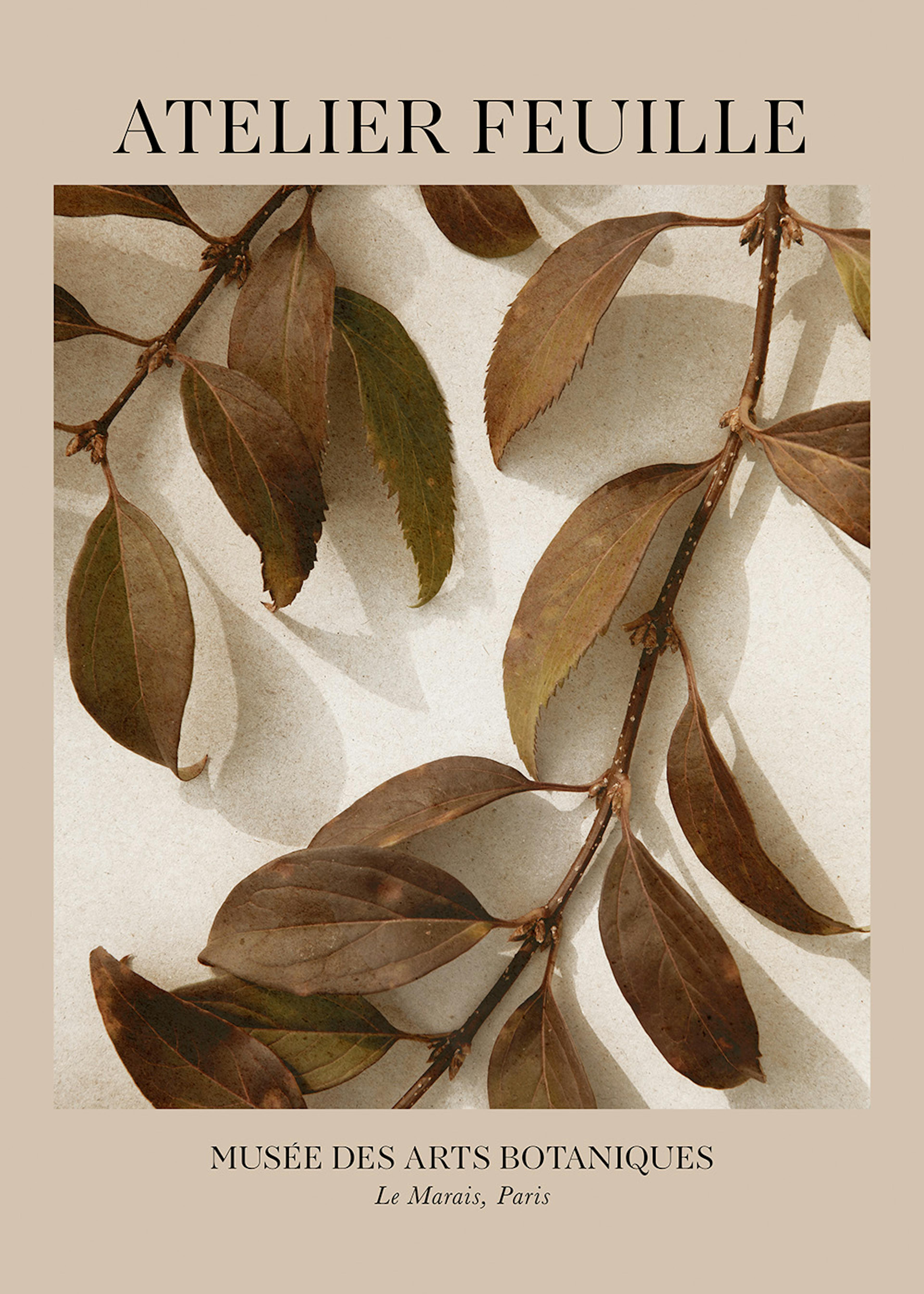 Affiche avec des branches aux feuilles marron et vertes sur un fond beige, titre ATELIER FEUILLE.
