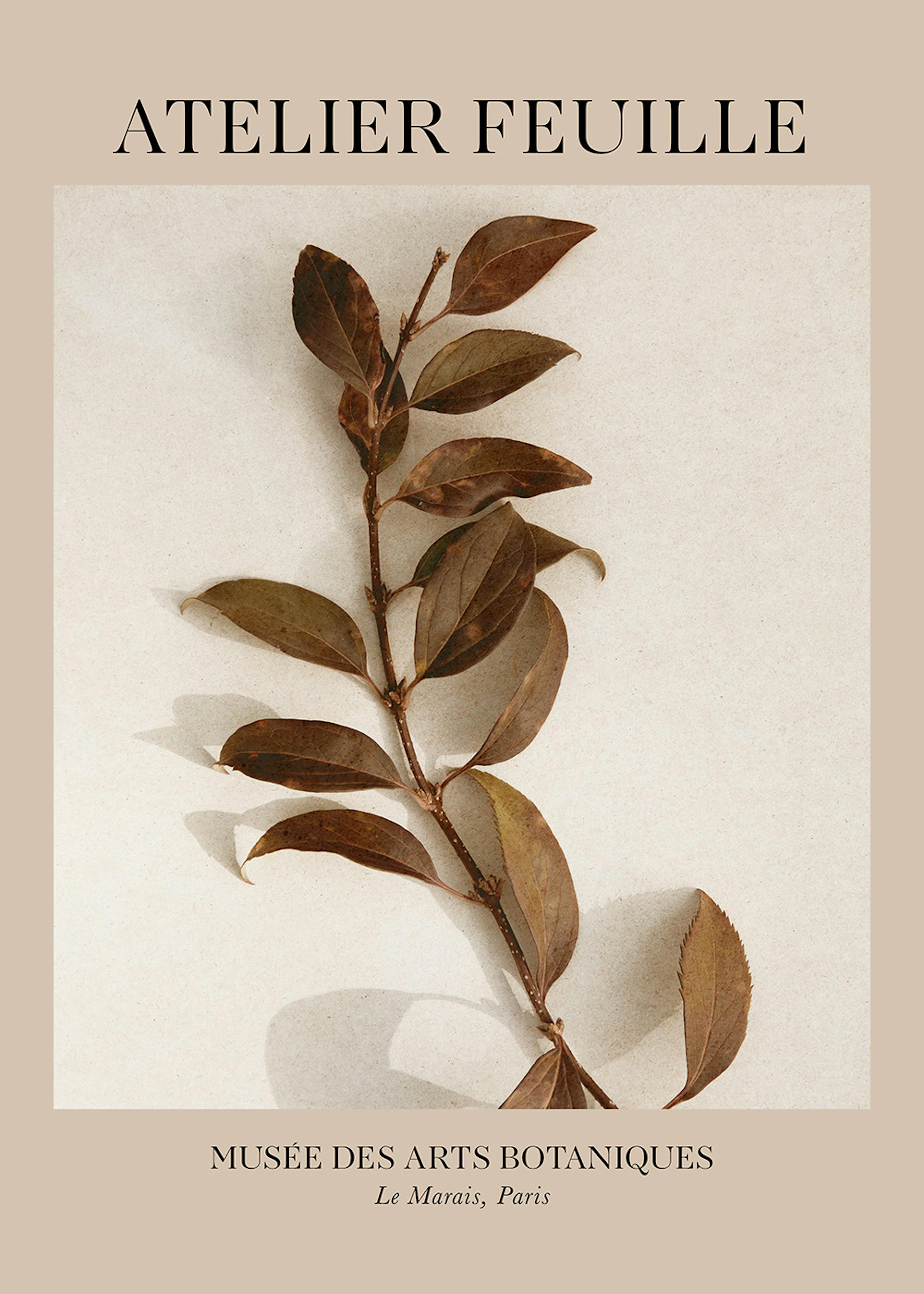 A minimalist botanical print featuring a dried branch with brown leaves on a light beige background with text.