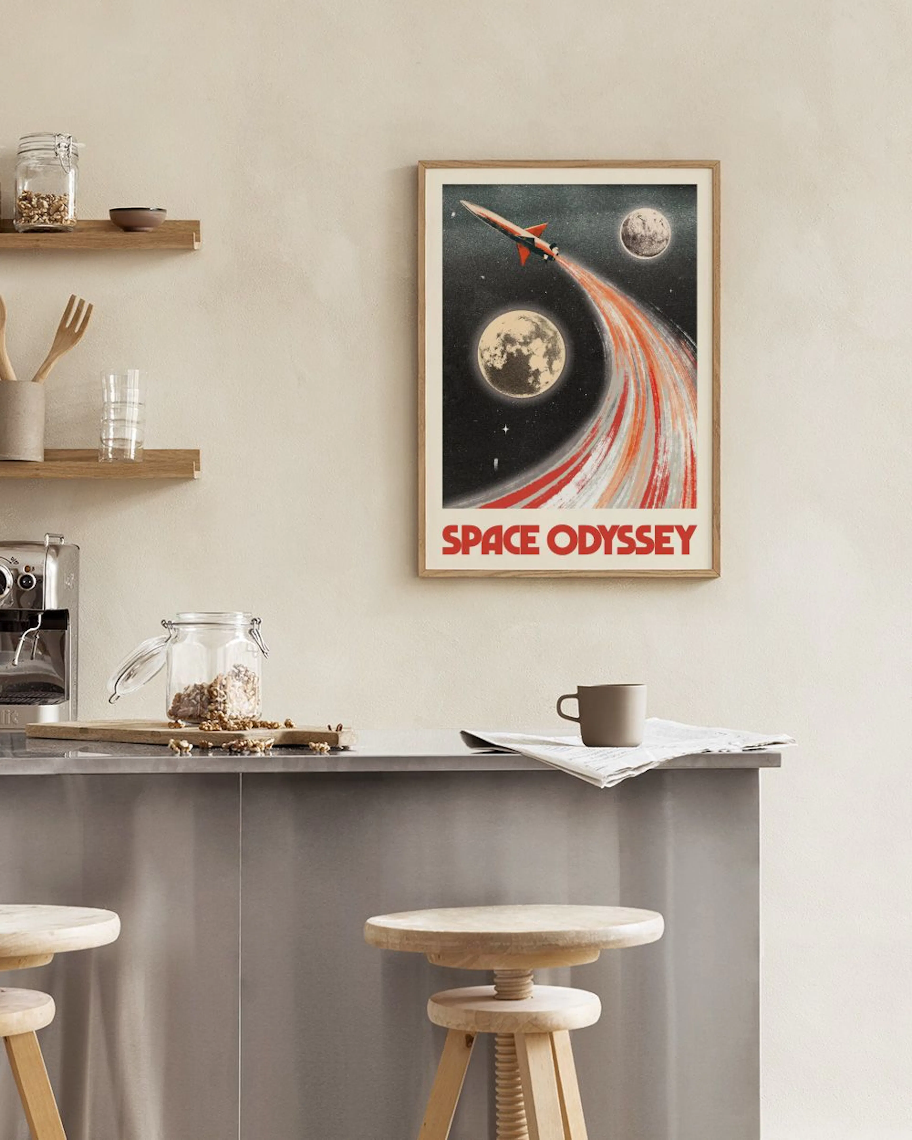 Retro space print with a rocket, planets, red and white trails, and SPACE ODYSSEY text, displayed on a shelf in a modern room.