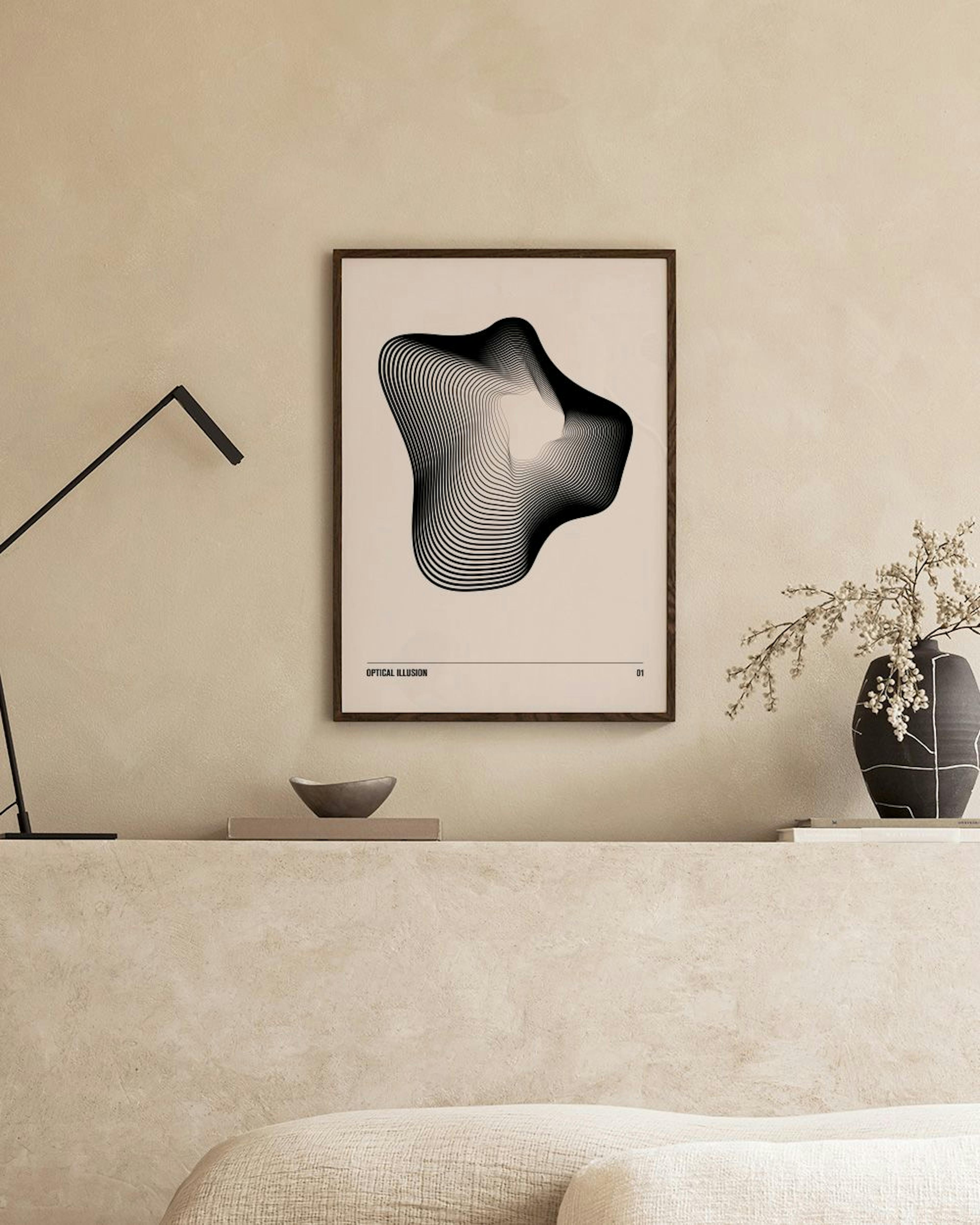 Póster de ilusión óptica con líneas onduladas negras sobre fondo claro, junto a un jarrón con plumas y un sillón.
