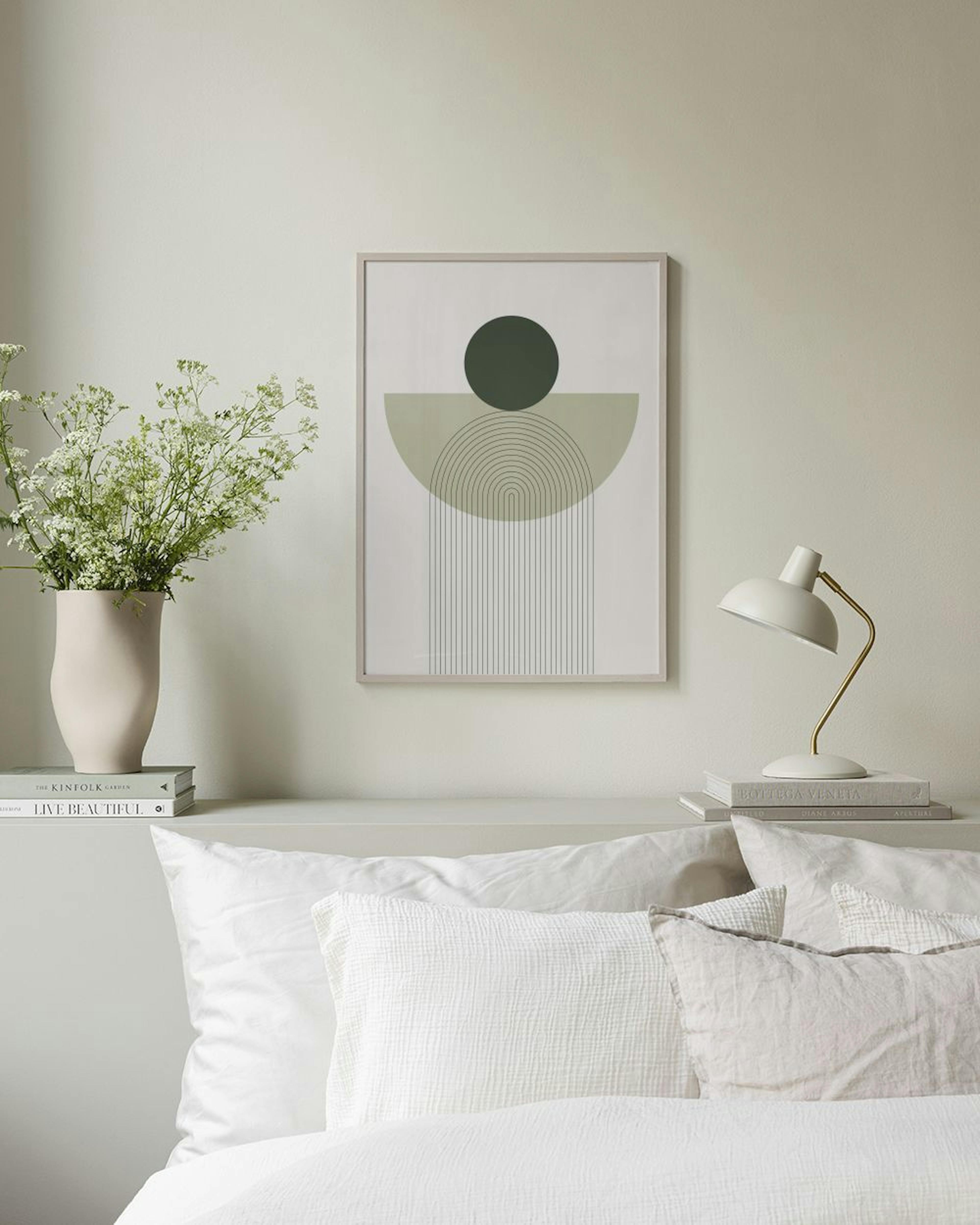 Póster de formas abstractas en tonos verdes y semicírculos, exhibido sobre un mueble blanco con jarrones y un libro.