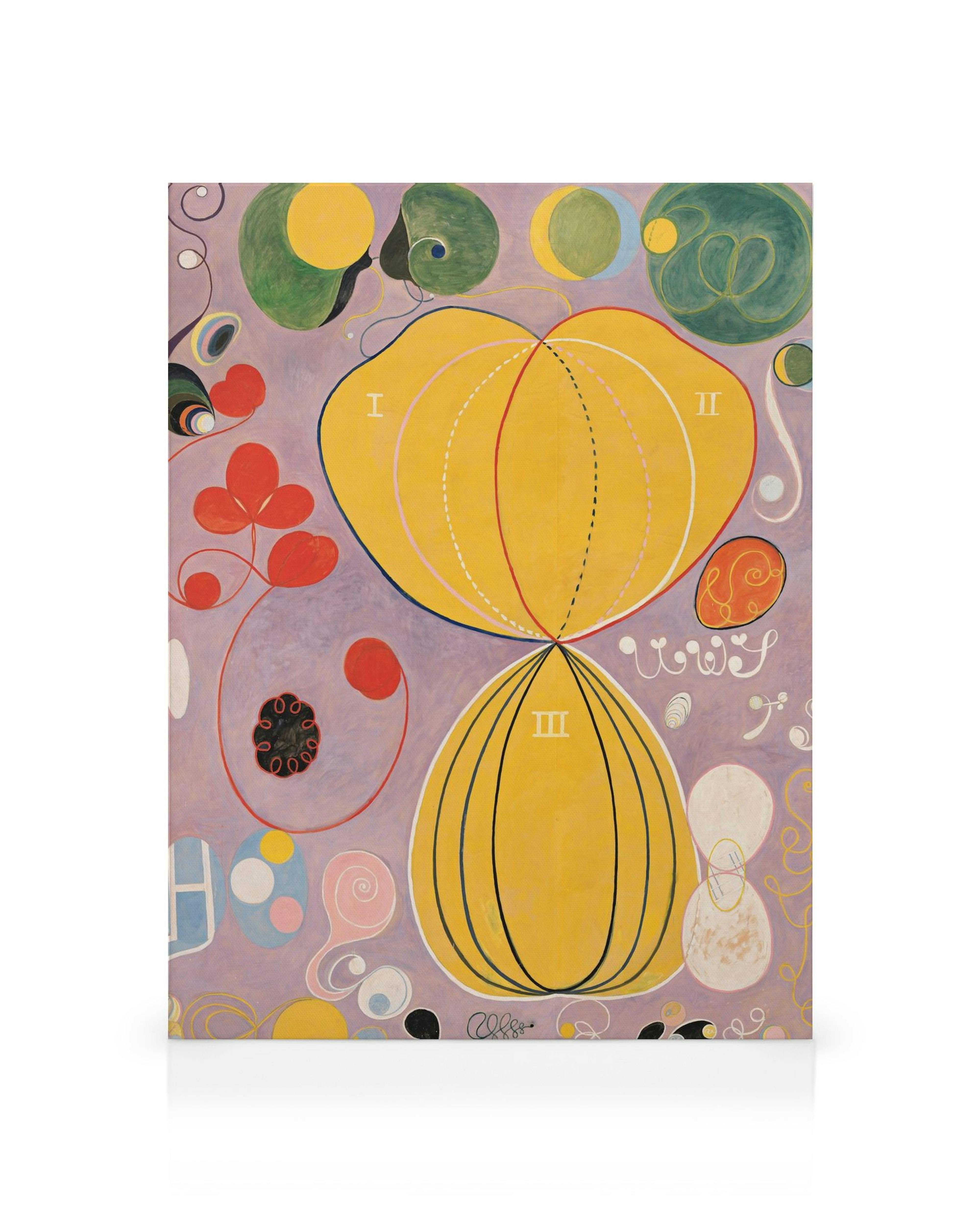 Toile abstraite de Hilma af Klint, forme jaune divisée en sections, cercles colorés et spirales sur fond lavande.
