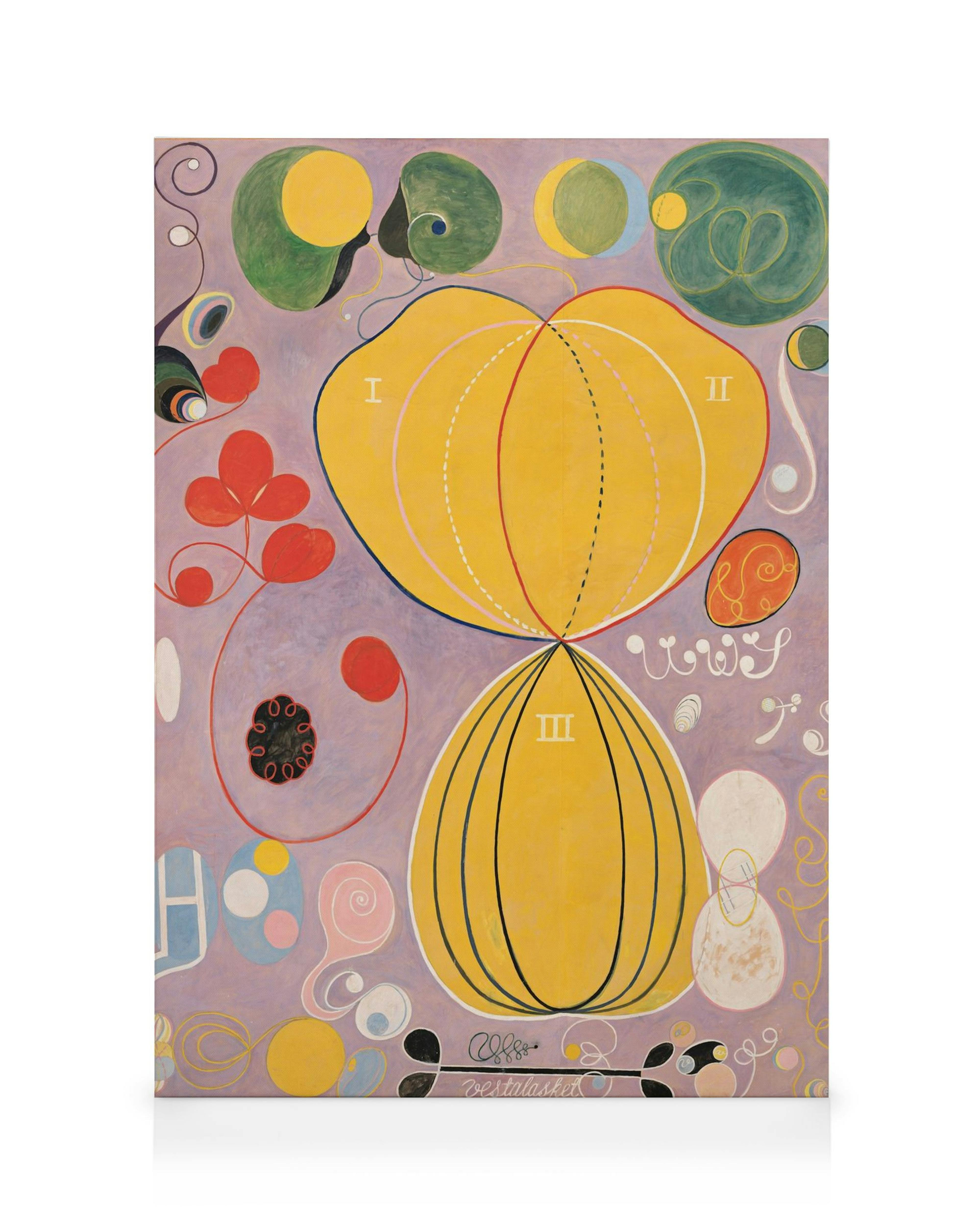 Abstrakt Hilma af Klint canvas The Ten Largest, Adulthood, No. 7 i gult, rött, grönt och lila på lavendelbakgrund.