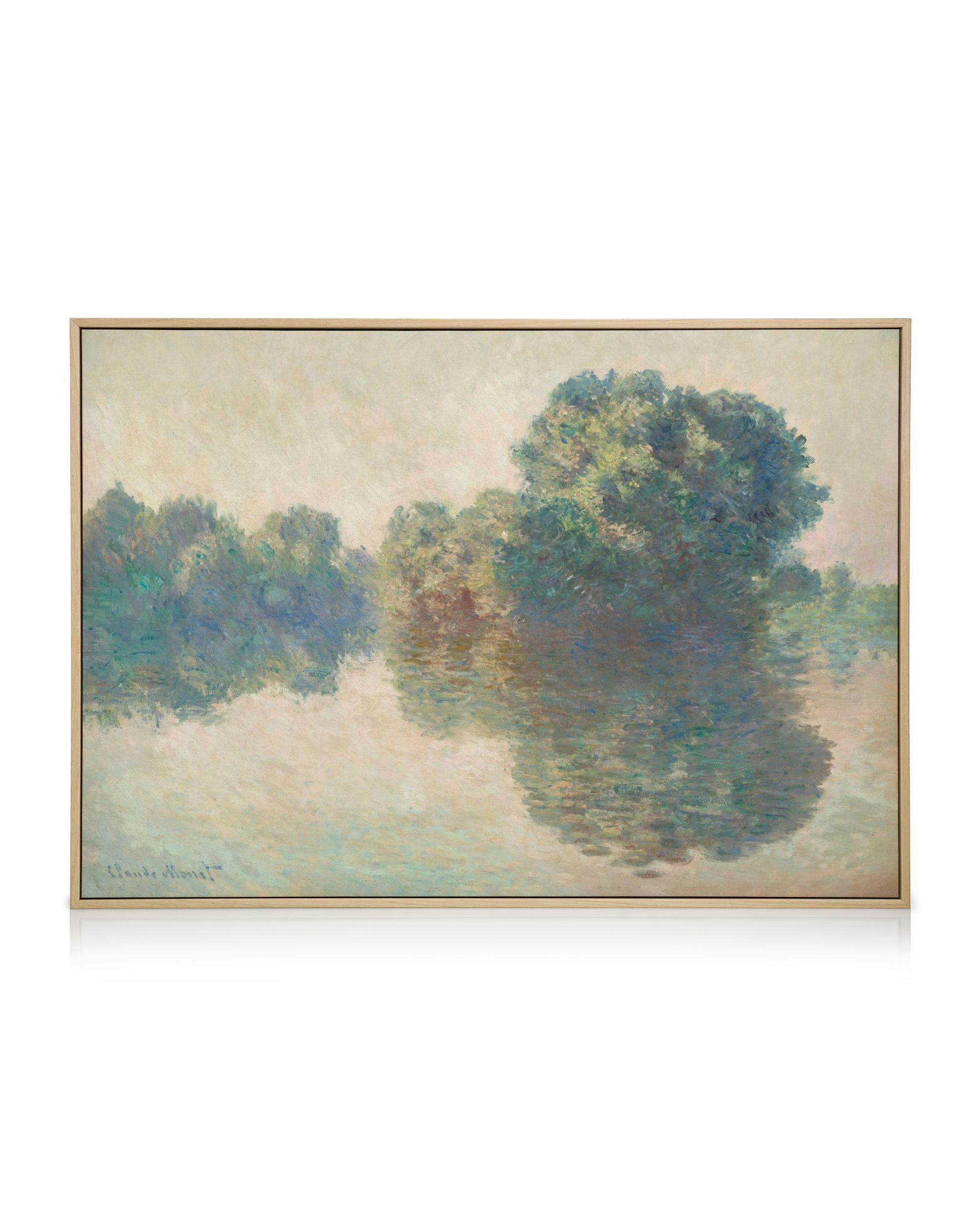 Toile de Monet, la Seine à Giverny, avec des arbres verts et bleus se reflétant dans leau aux couleurs pastel.