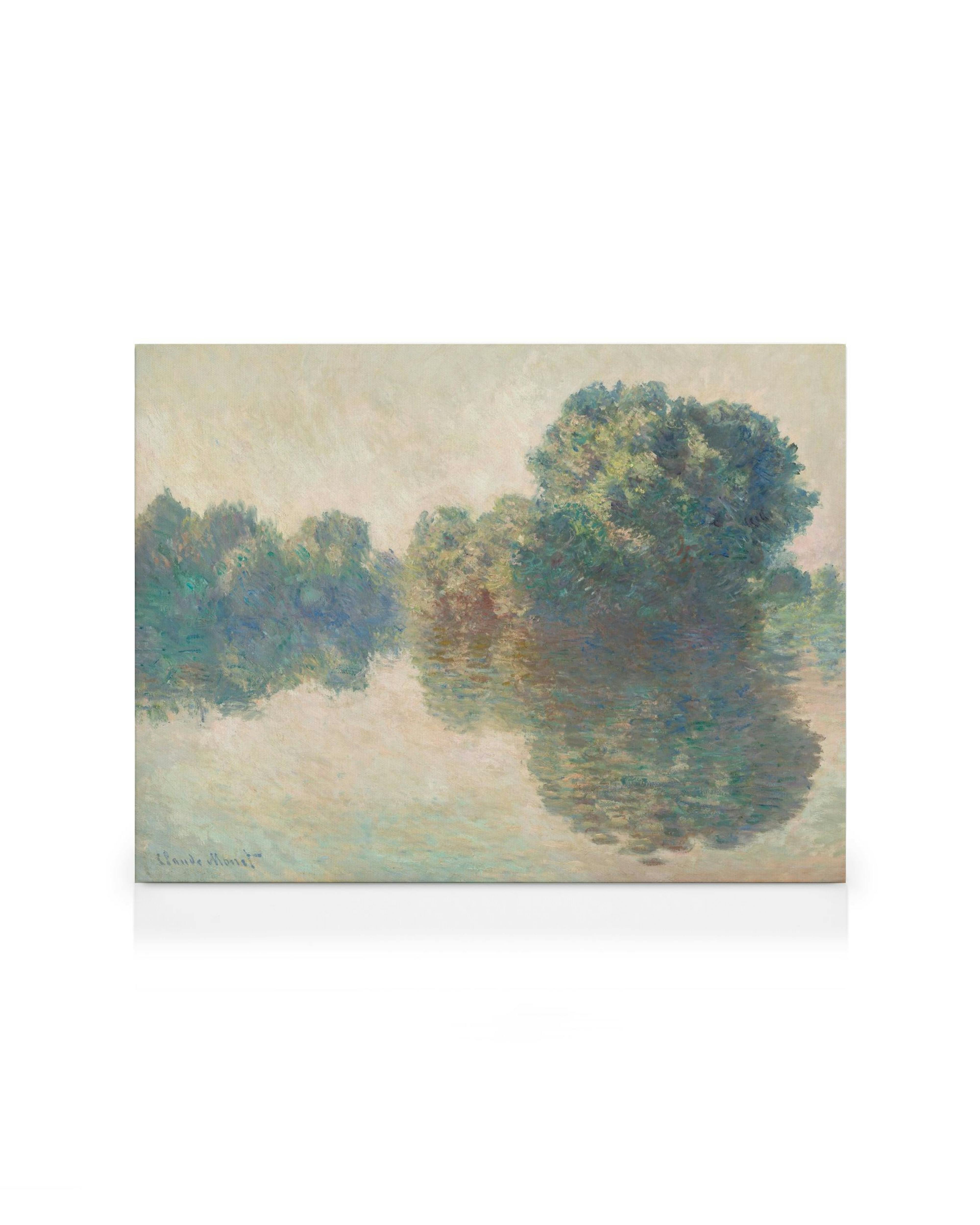 Dipinto impressionista di Monet, La Senna a Giverny, alberi verdi e blu che si riflettono nellacqua calma.