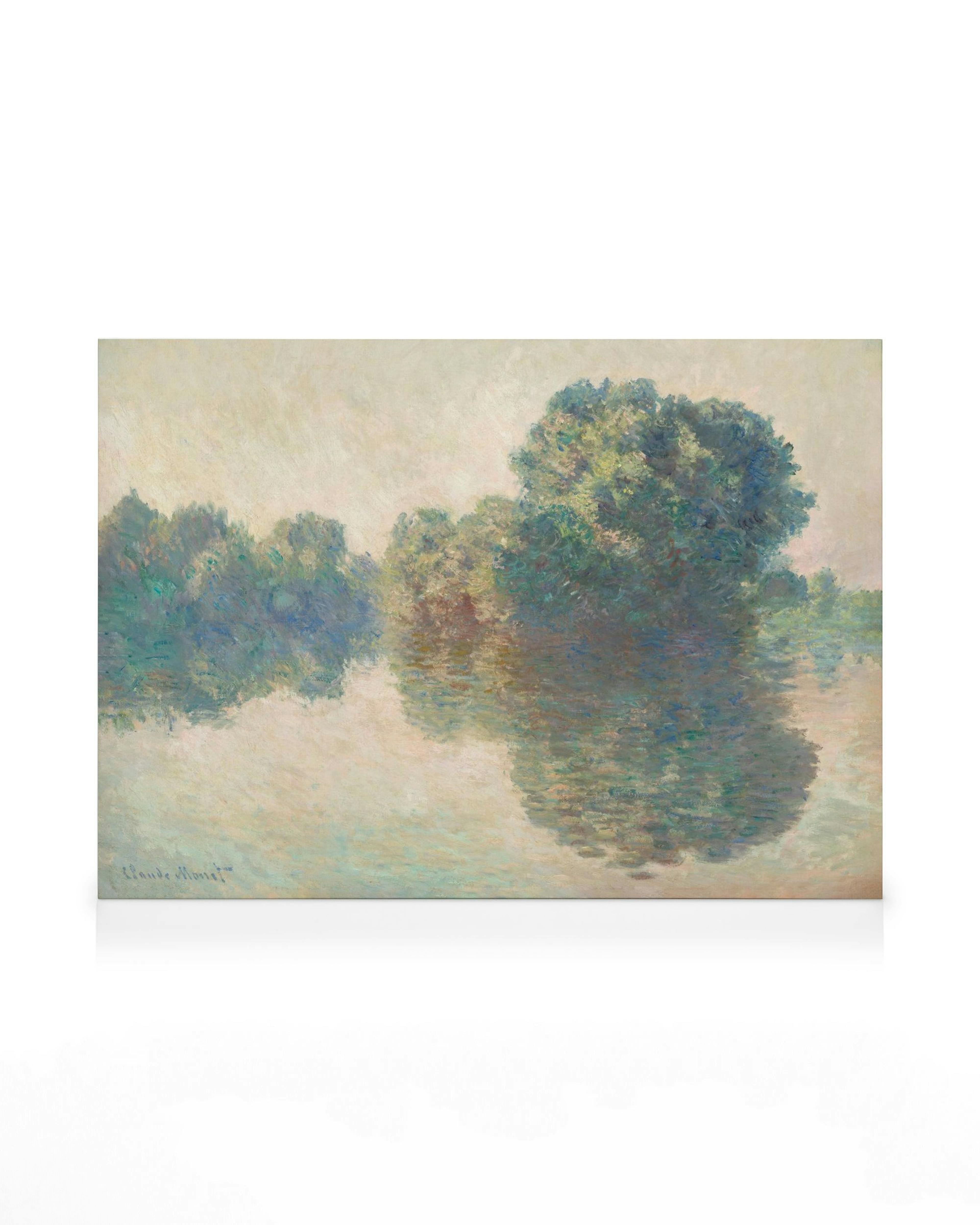 Stampa su tela impressionista di Monet, alberi verdi e blu riflessi nellacqua con pennellate morbide, stile onirico.