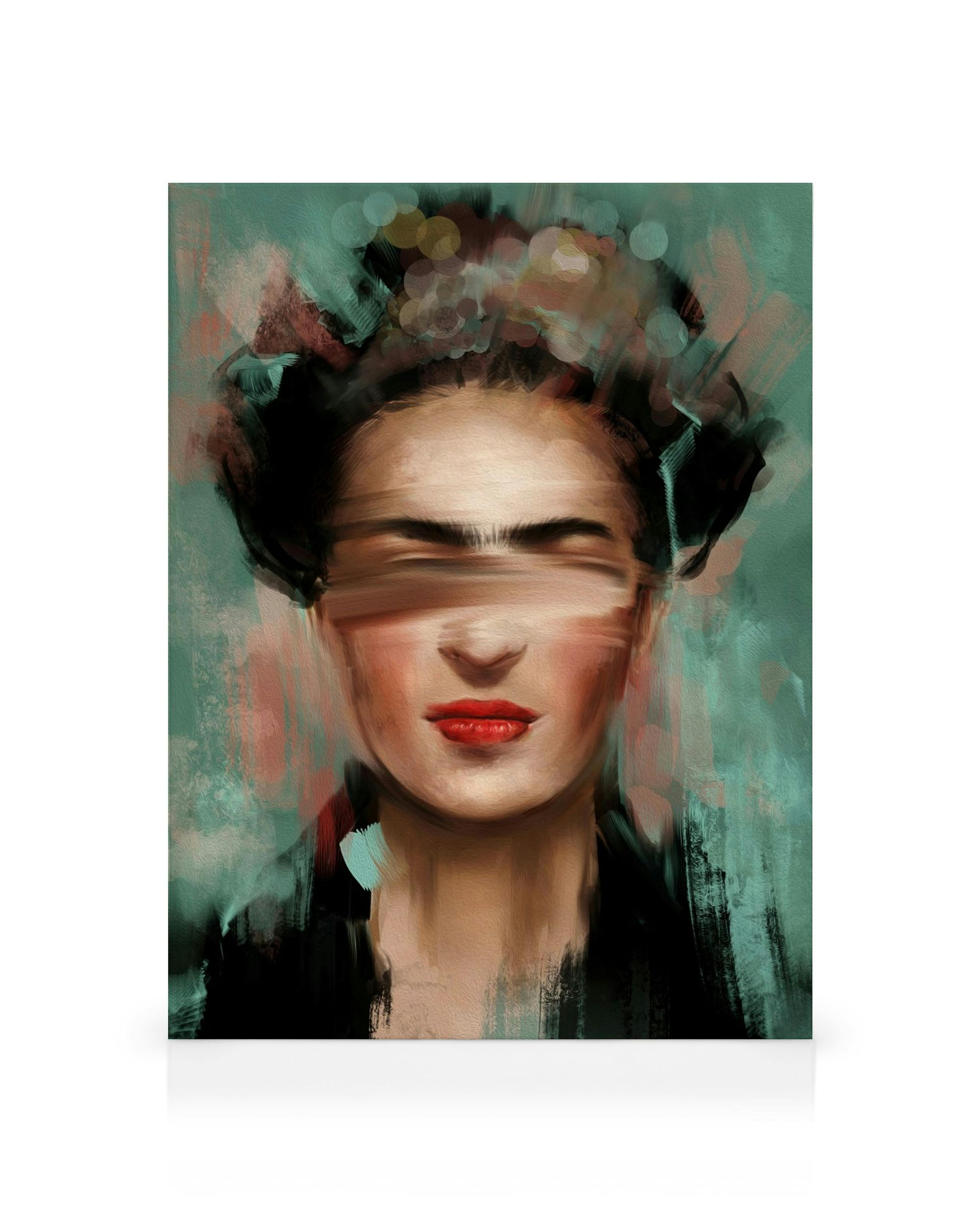 Leinwandbild Kahlo in Green: Frida Kahlo Porträt mit grünen und roten Farbakzenten, Augen durch Pinselstriche verdeckt.