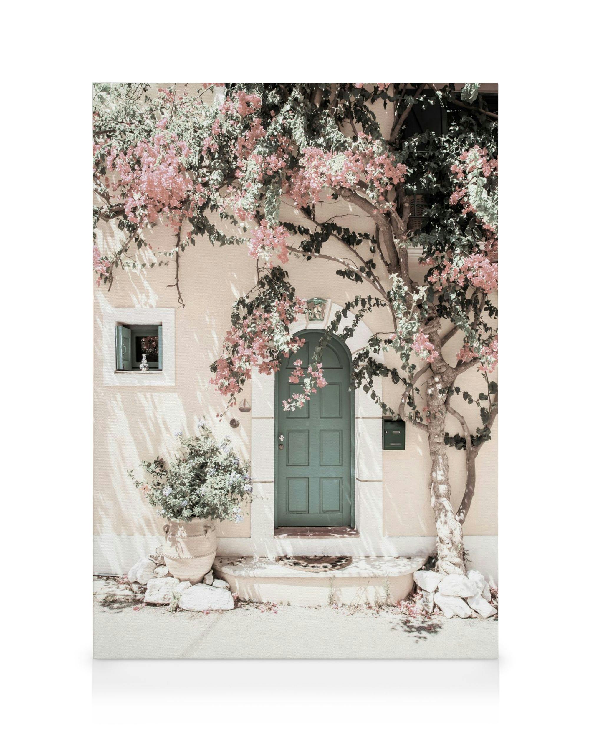 Kefalonia Door canvas print, featuring a light pink wall, green door, pink flowers, and potted plant. Ideal wall art.