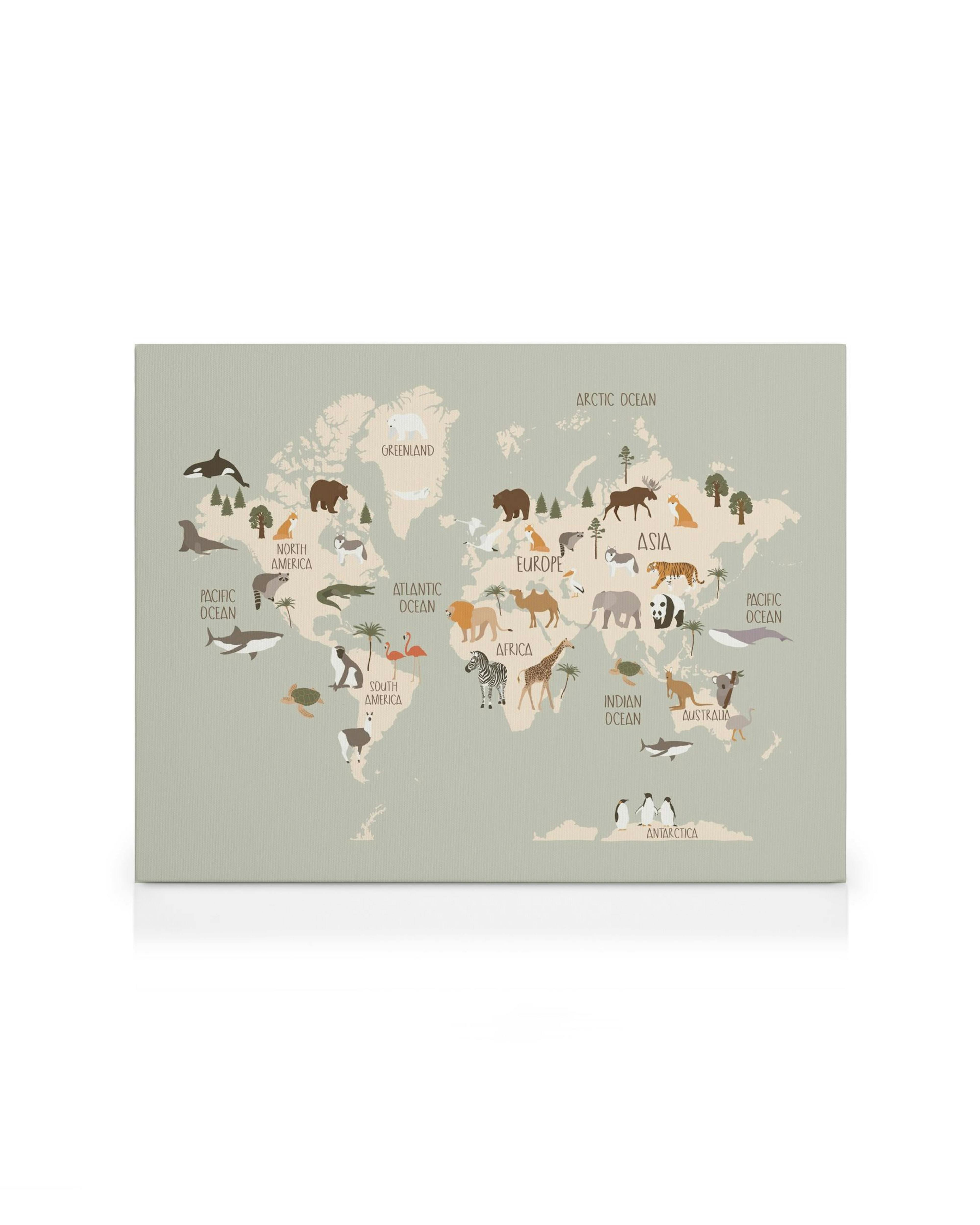 Tela de mapa-múndi infantil com animais coloridos representando os continentes, ideal para quarto de criança.