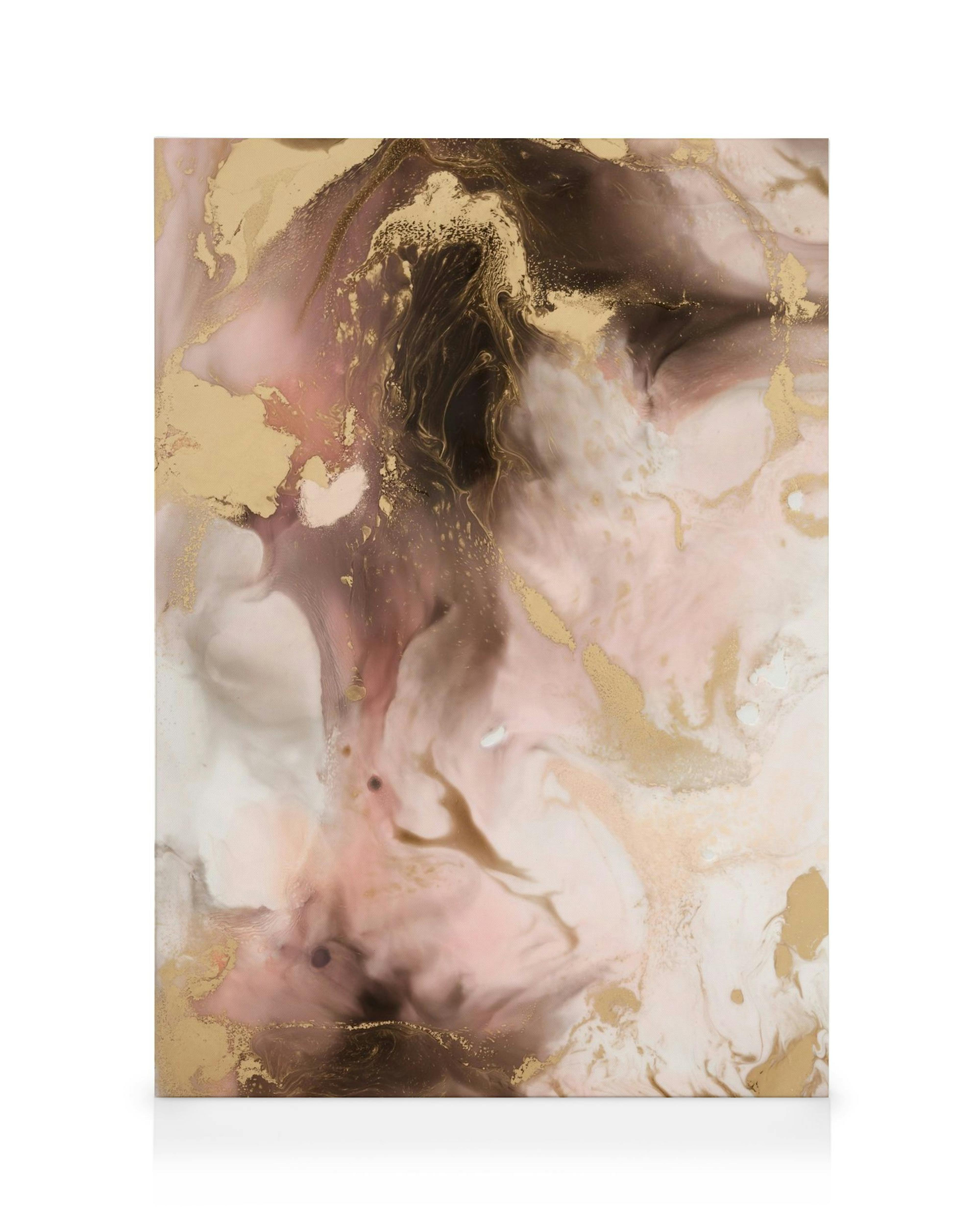 Abstraktes Acryl Leinwandbild, goldene und rosa Farbwirbel, fließende Formen, moderne Kunst.