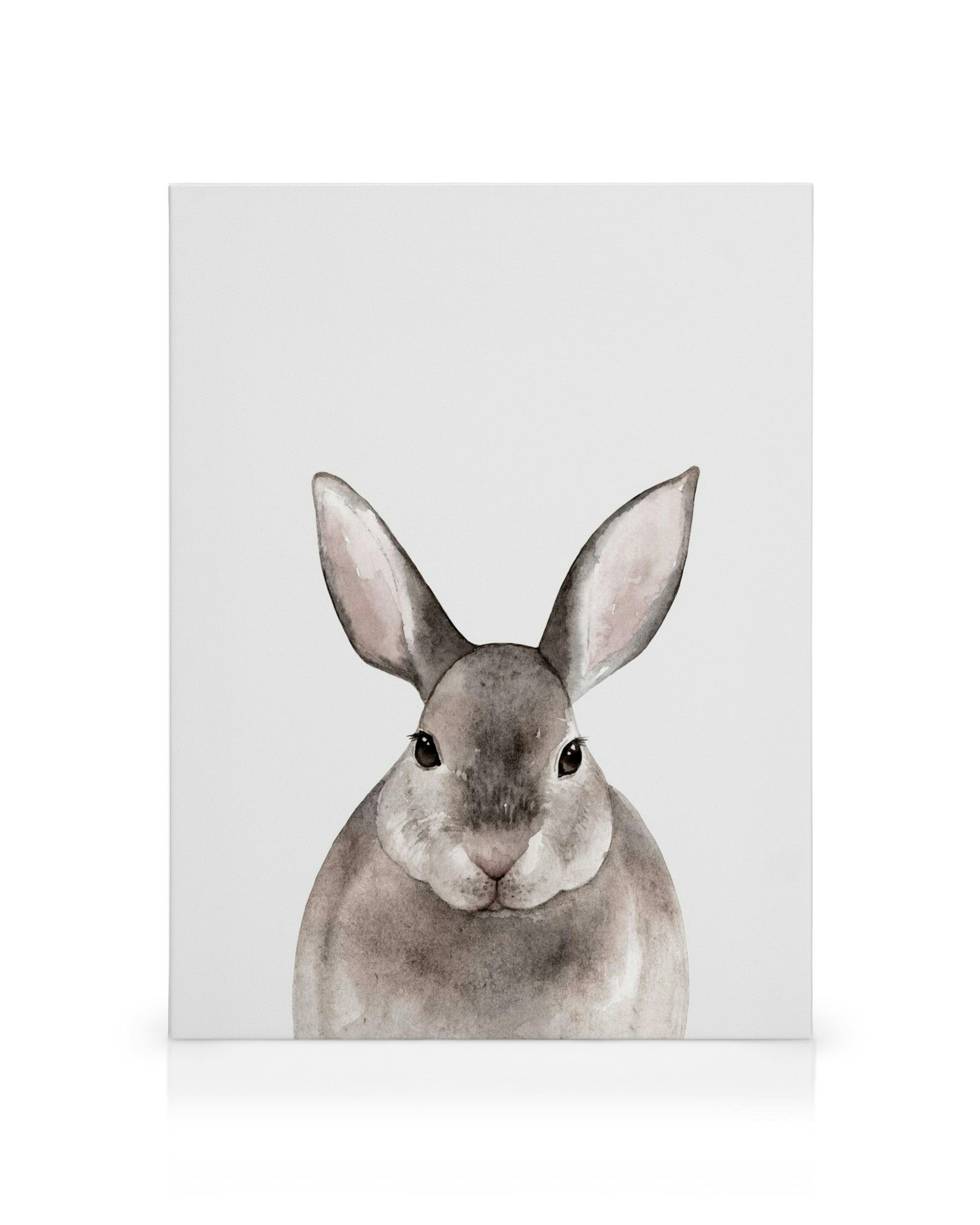 Canvas met schattig konijn, grijs-witte vacht, grote oren, ideale wanddecoratie voor kinderkamer