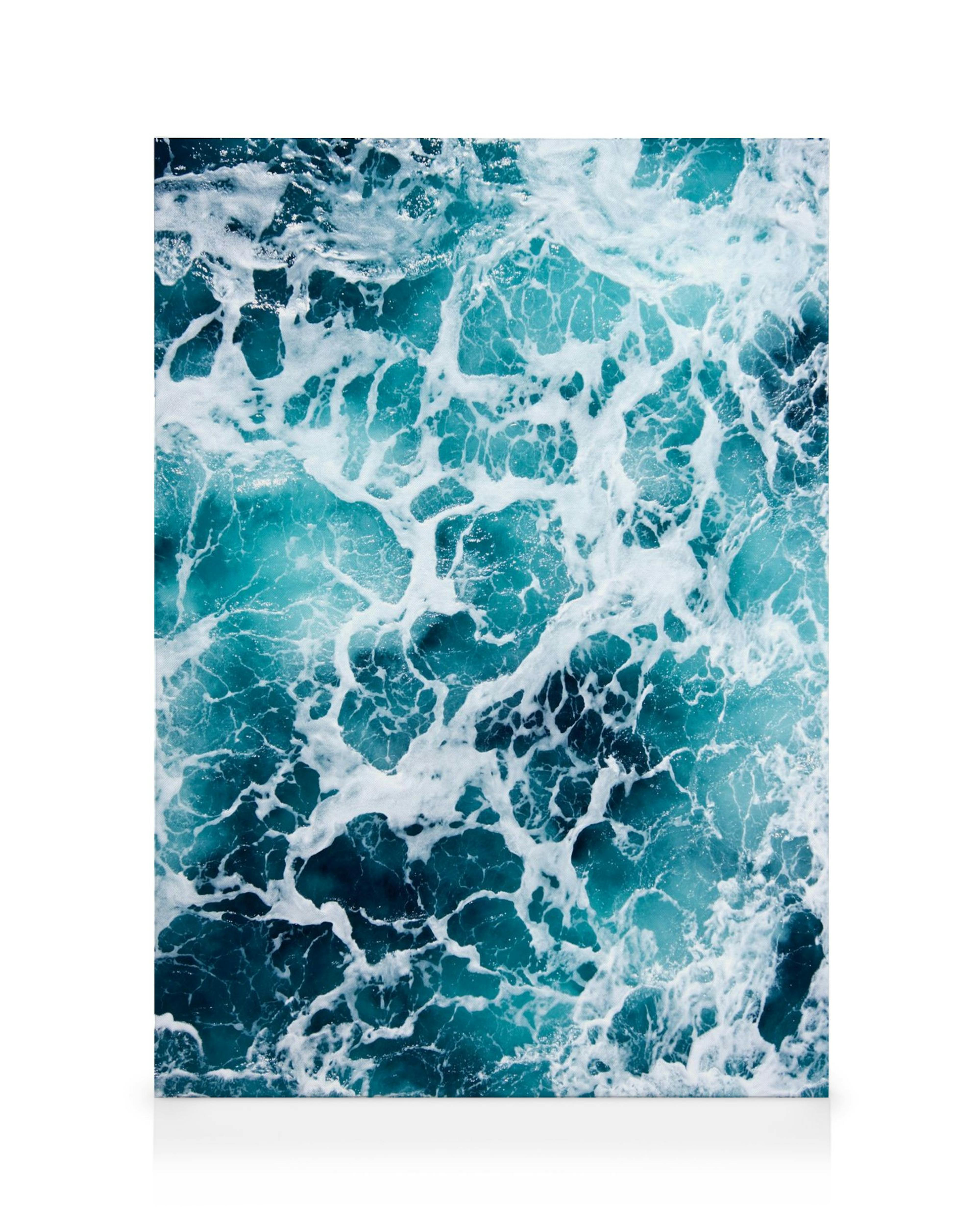 Ocean waves canvas, white sea foam patterns on teal blue water, marine nature wall art.