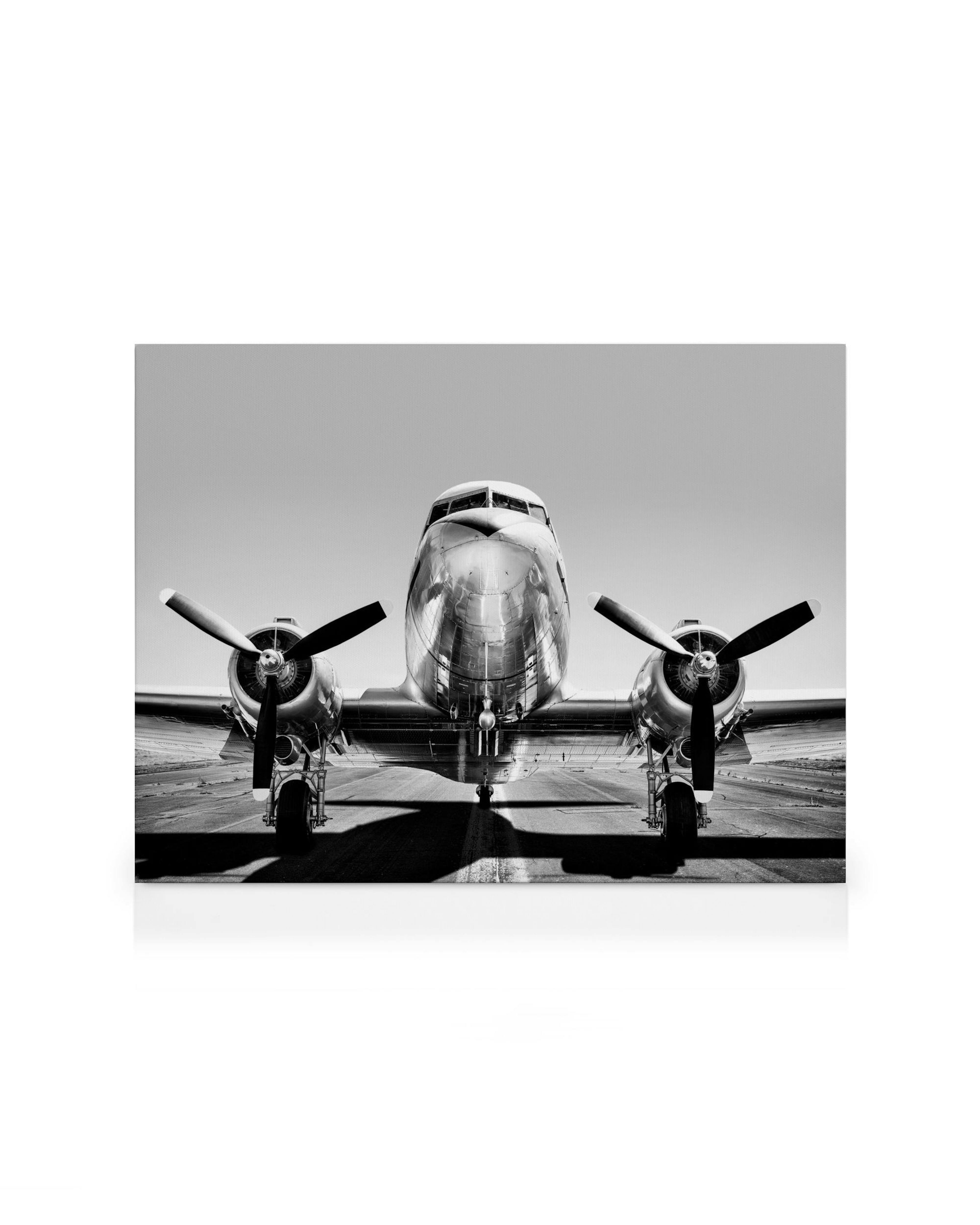 Zwart-wit canvas van een vintage vliegtuig op een landingsbaan, met glanzende propellers en romp tegen een heldere lucht.