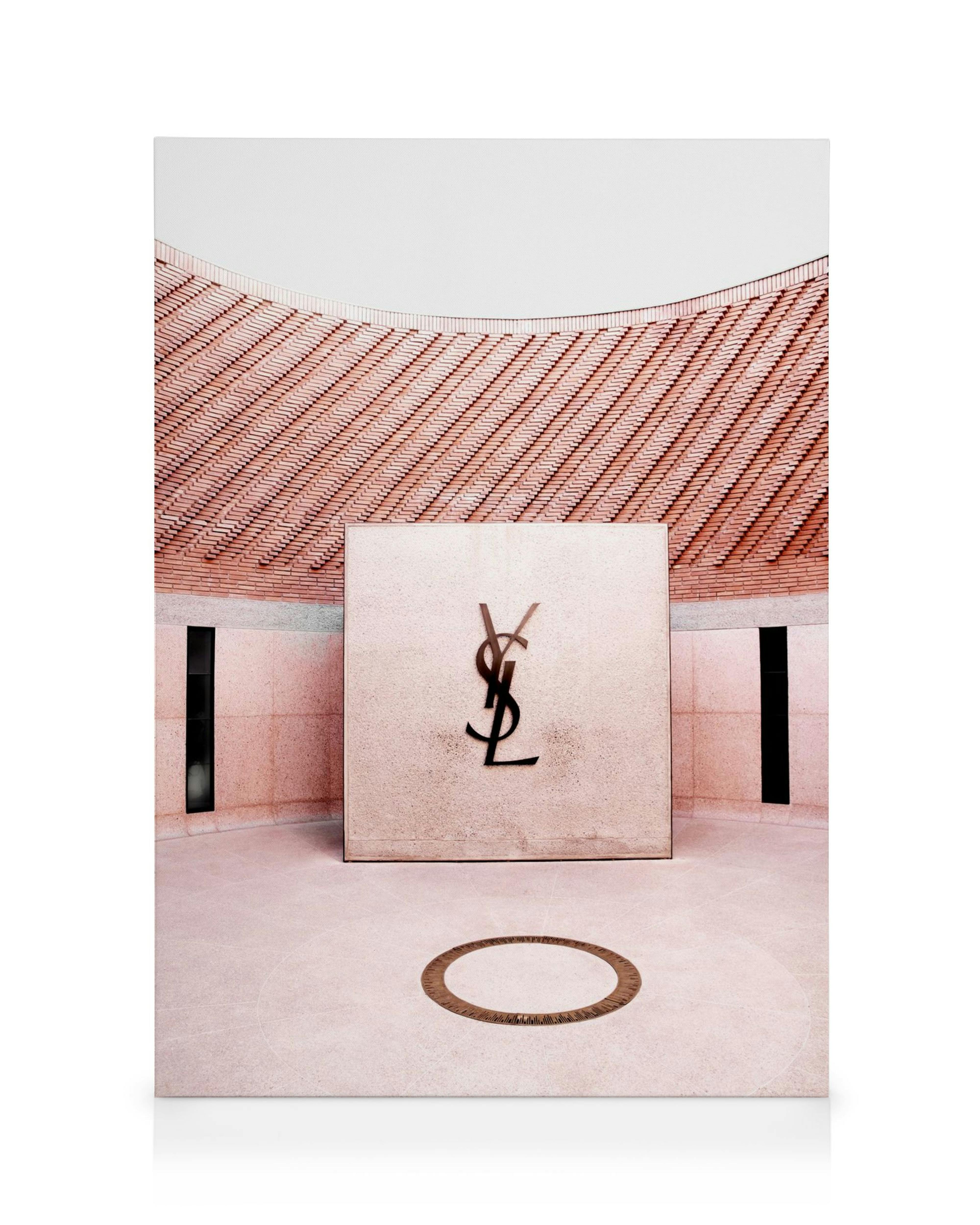YSL Fashion Museum canvas print with pink courtyard, a large YSL logo, and a red tiled roof, perfect for fashion art.
